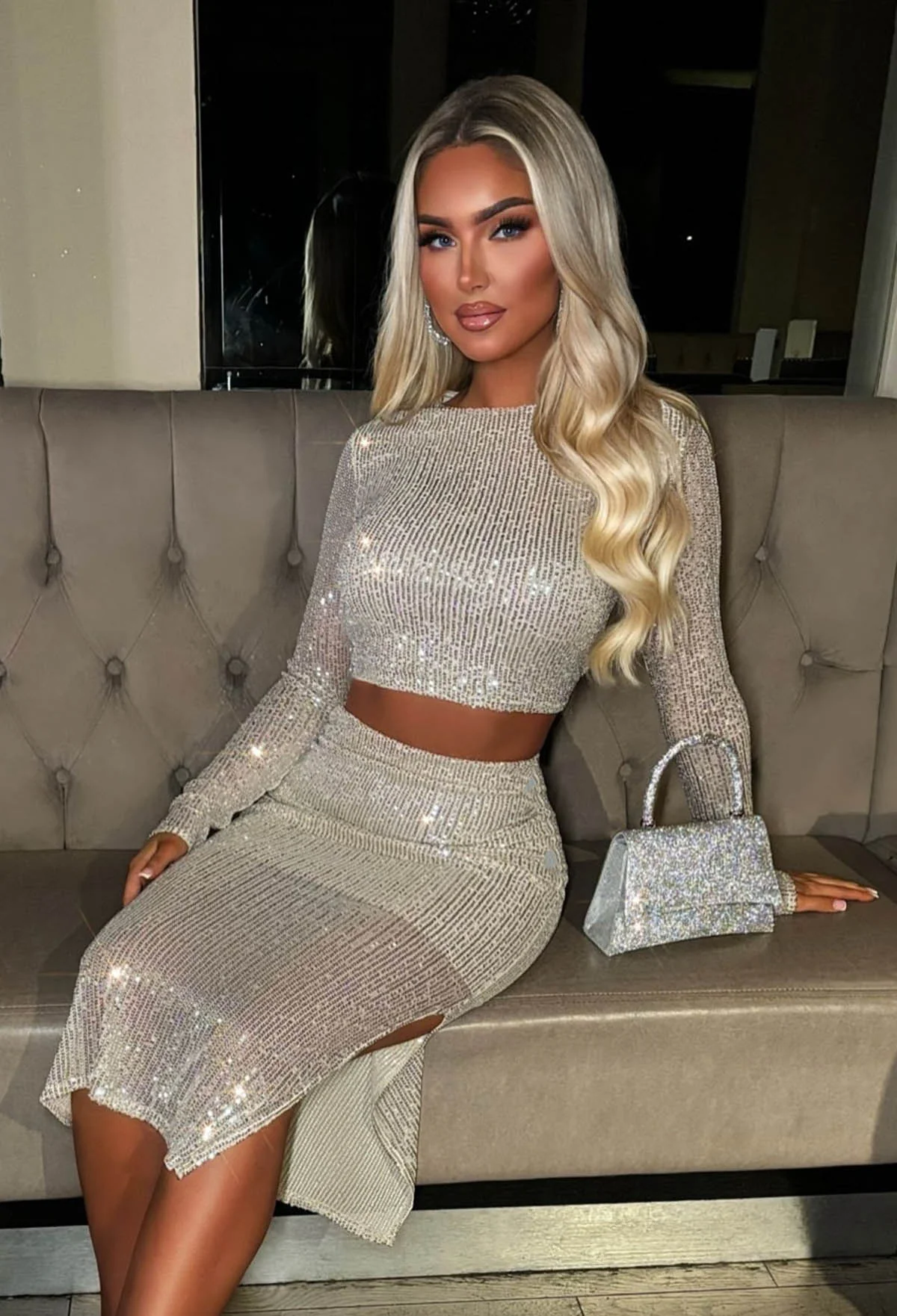 Secrets Exposed Silver Sequin Midi Skirt Co-ord Set - Image 3