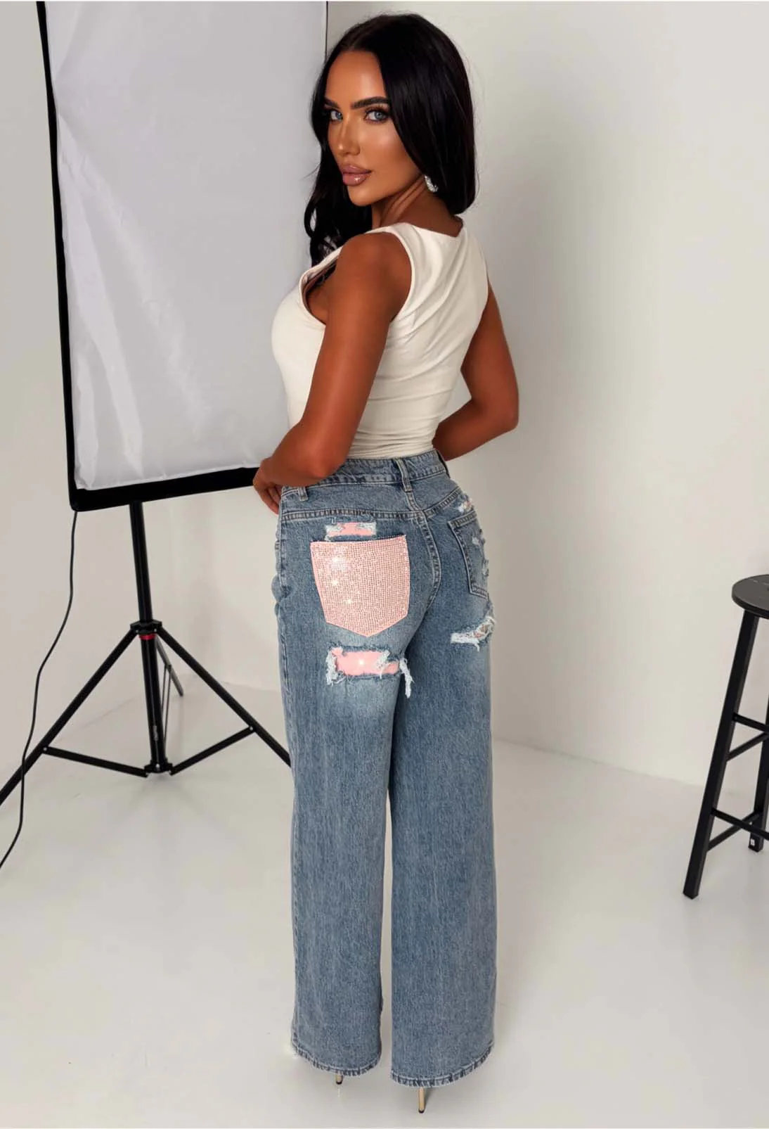 Seek Me Out Mid Blue Ripped Denim Hot Fix Stretch Jeans - Image 2