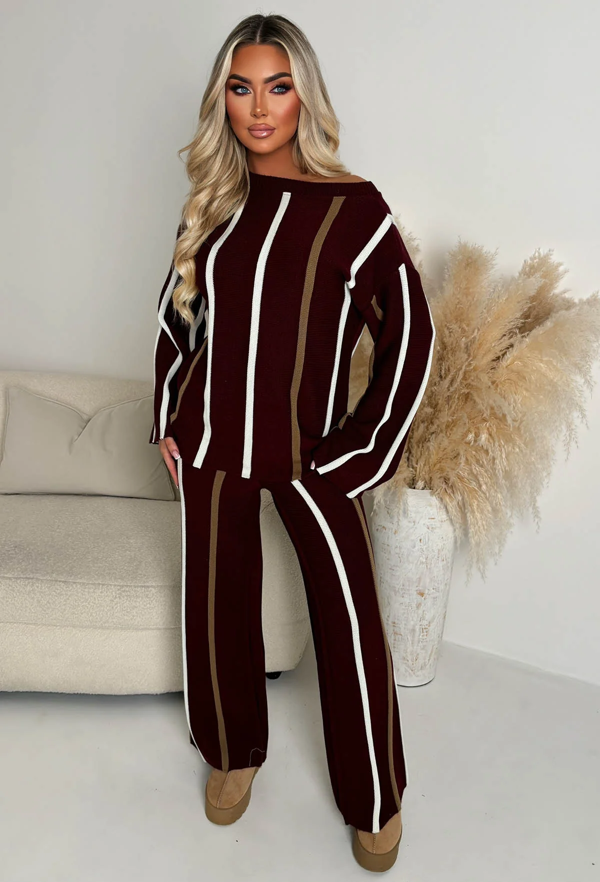 Serene Stripes Wine Knitted Vertical Stripe Co-Ord Set - Image 3