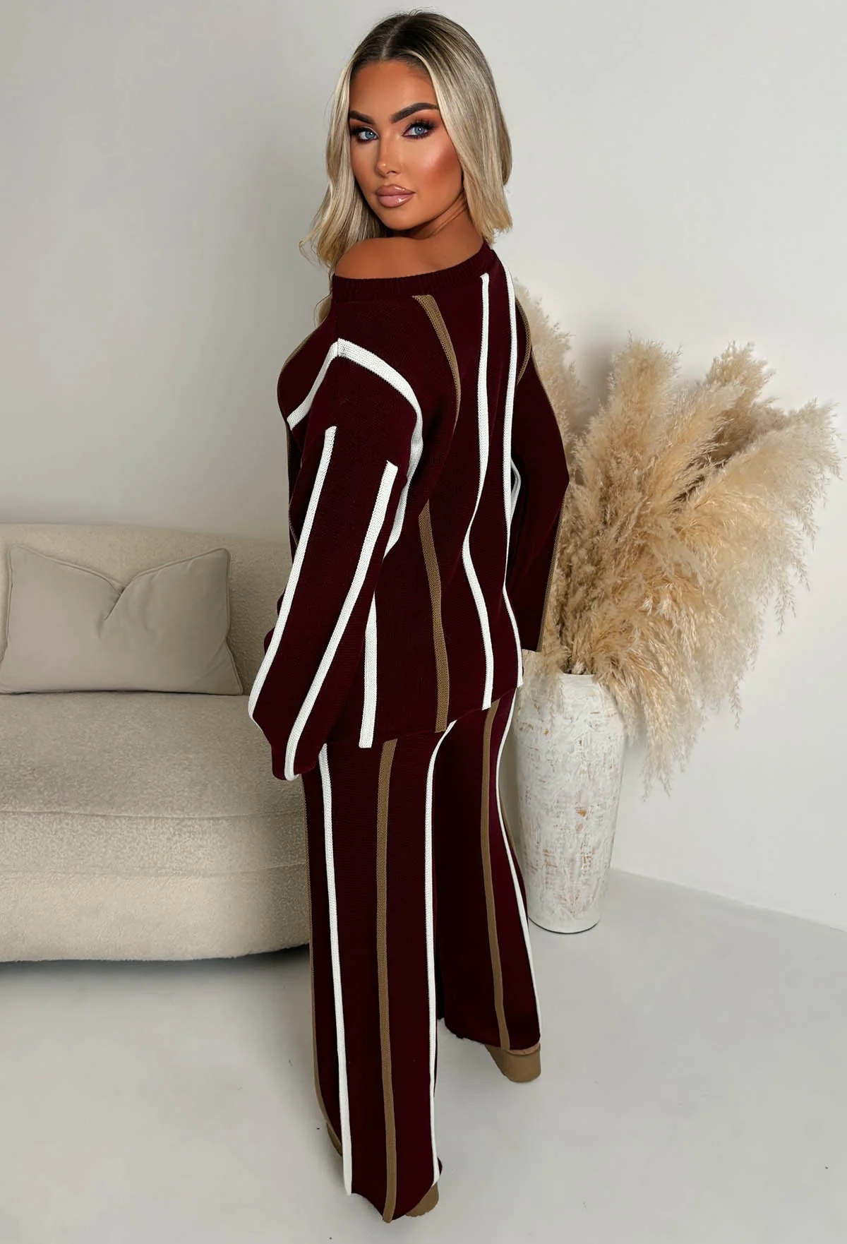 Serene Stripes Wine Knitted Vertical Stripe Co-Ord Set - Image 4