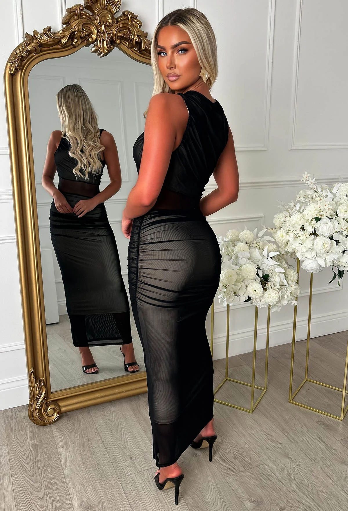 Shadow Seduction Black Ruched Mesh Panel Midaxi Dress - Image 2