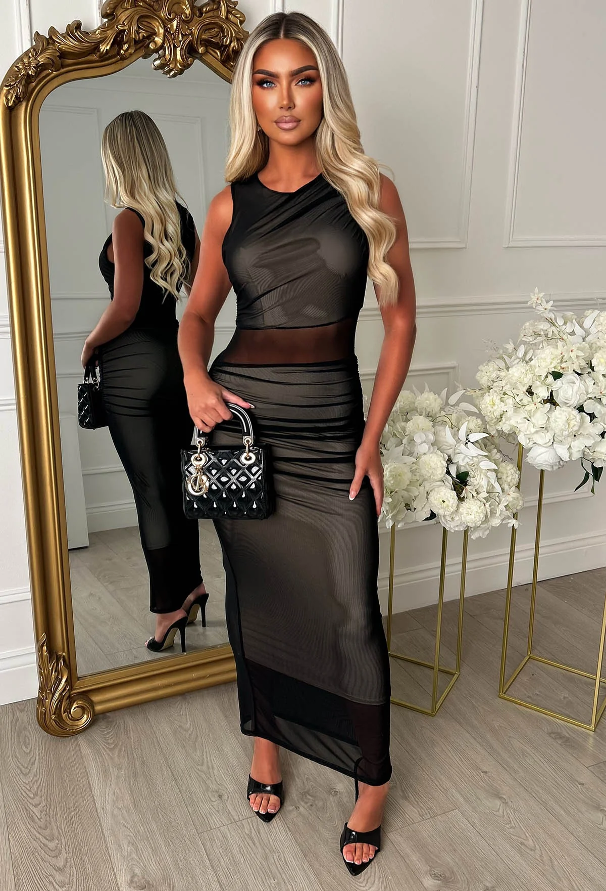 Shadow Seduction Black Ruched Mesh Panel Midaxi Dress - Image 3