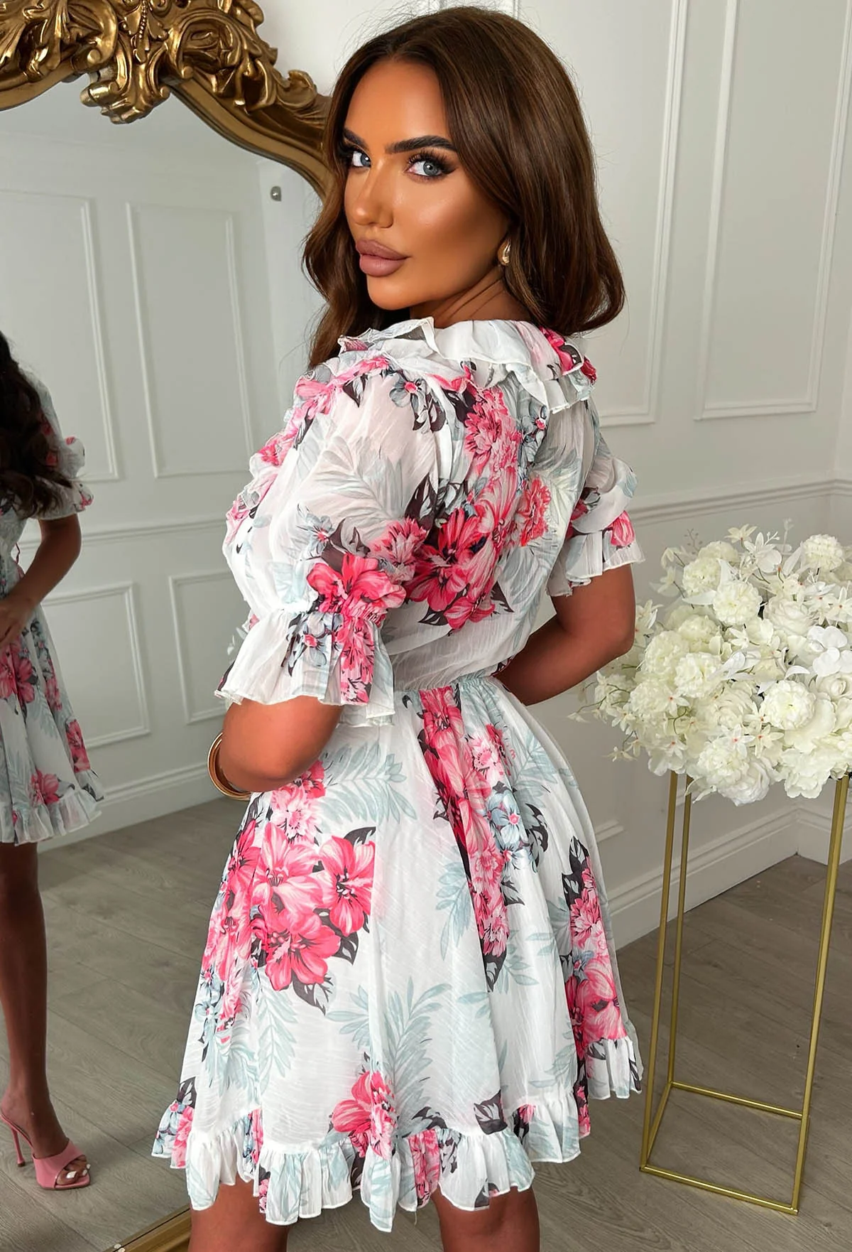 Sheer Delight Pink Frill Front Floral Print Dress - Image 3