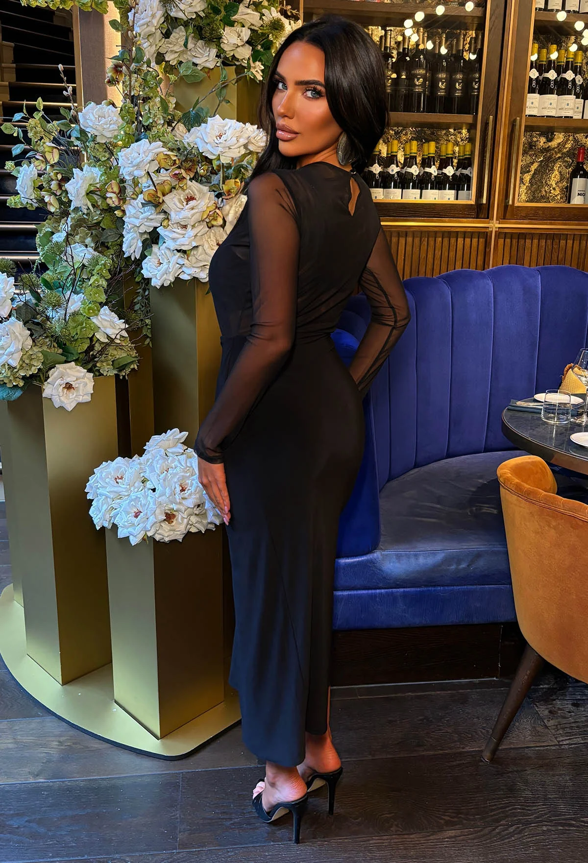 Sheer Deluxe Black Mesh Top Drape Midi Dress - Image 4