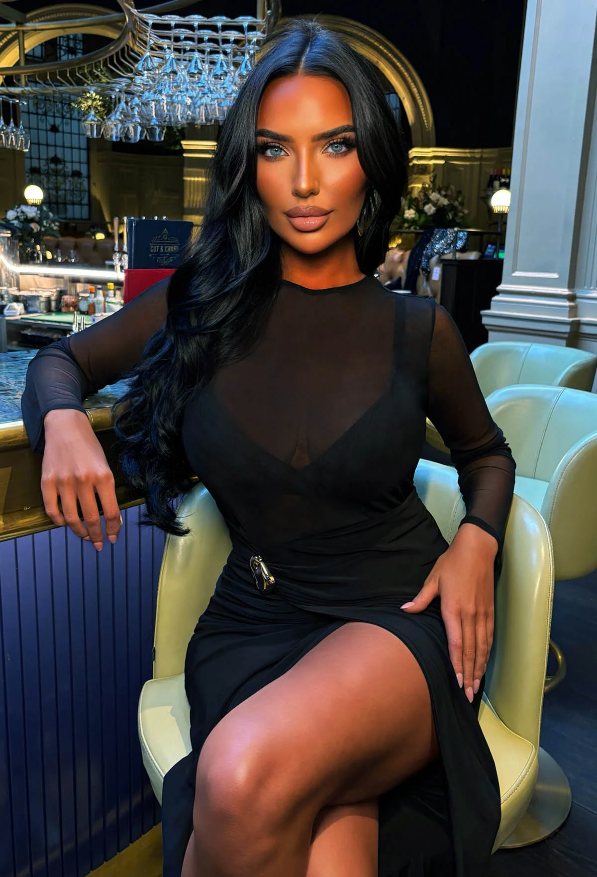 Sheer Deluxe Black Mesh Top Drape Midi Dress - Image 5