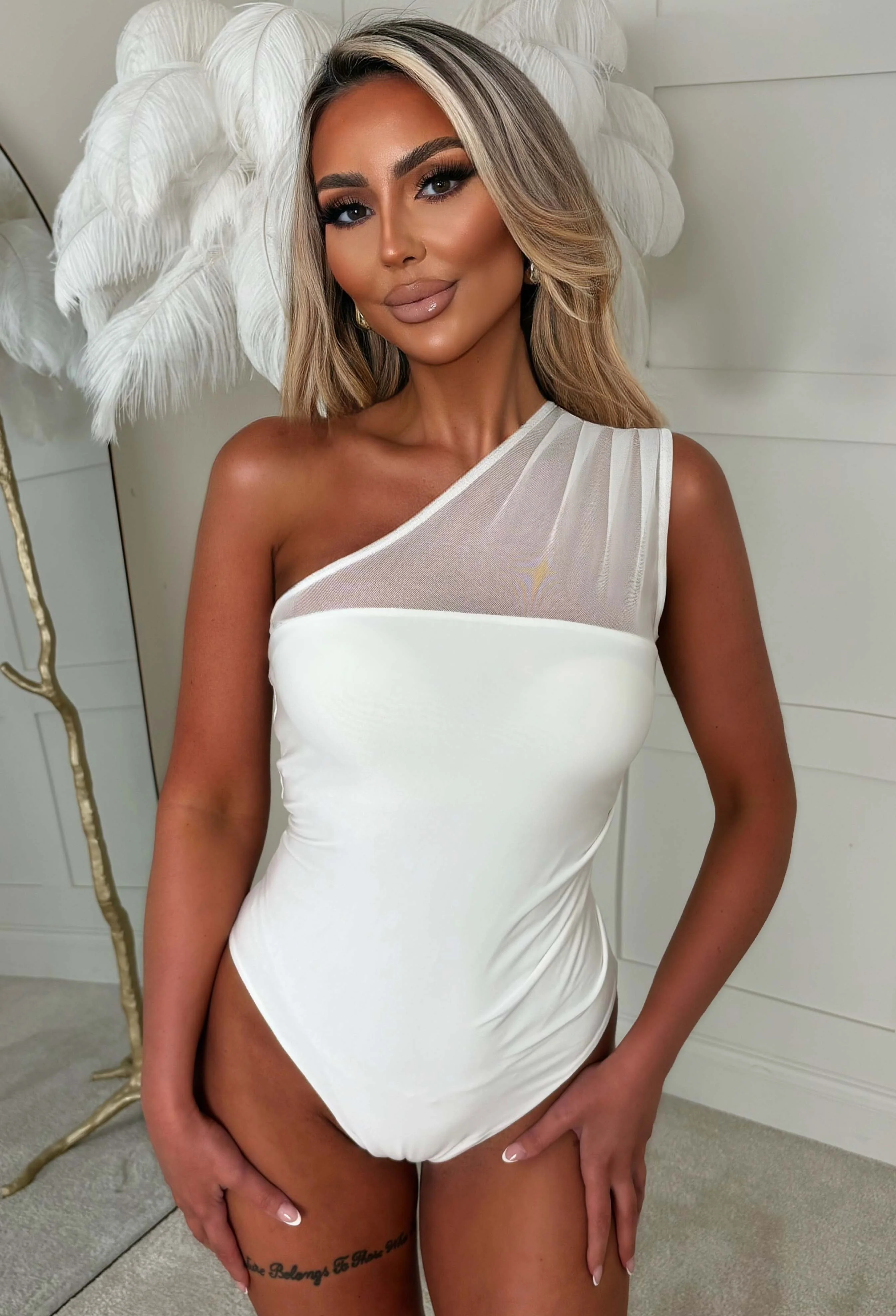 Sheer Desire White One Shoulder Jersey Mesh Ruched Bodysuit - Image 2