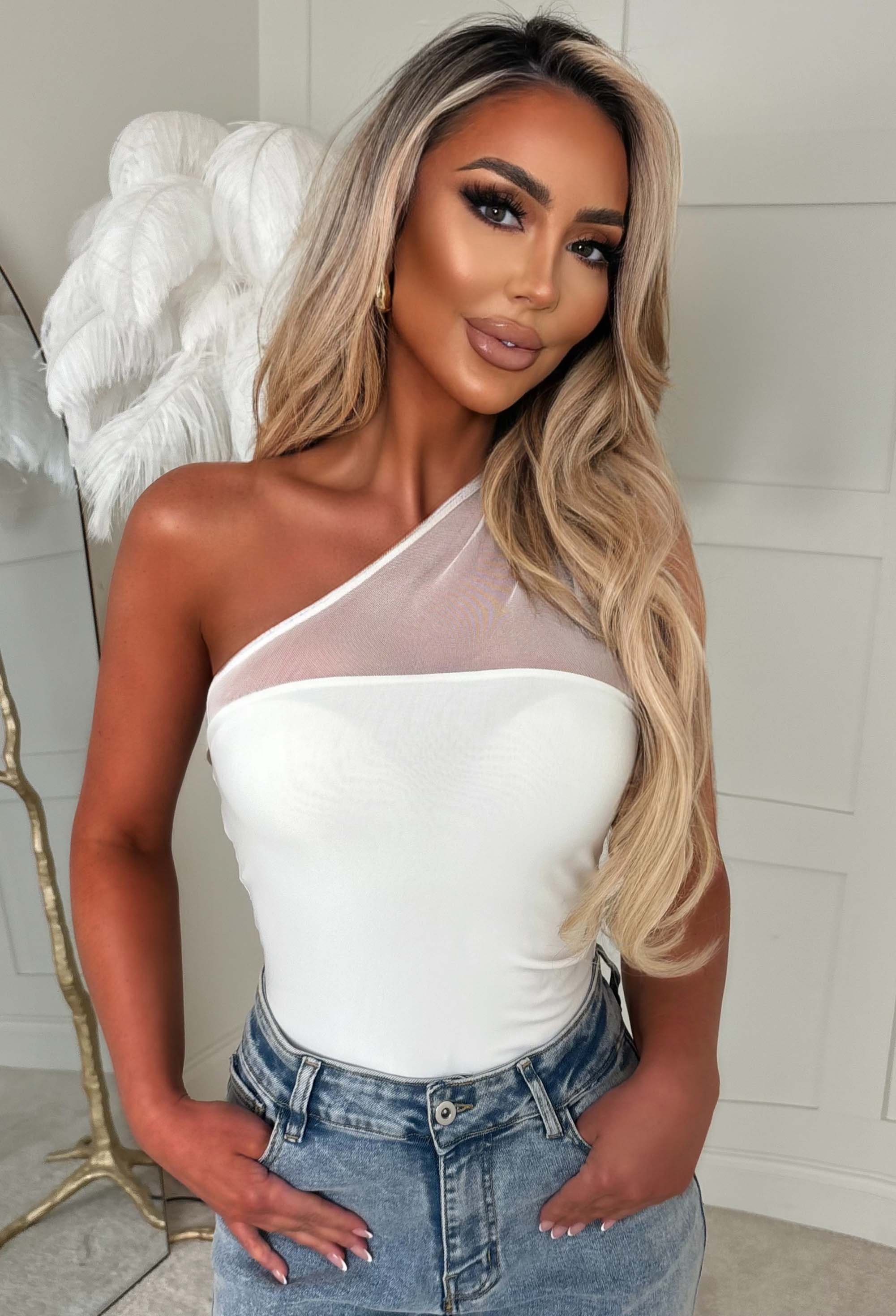 Sheer Desire White One Shoulder Jersey Mesh Ruched Bodysuit - Image 5