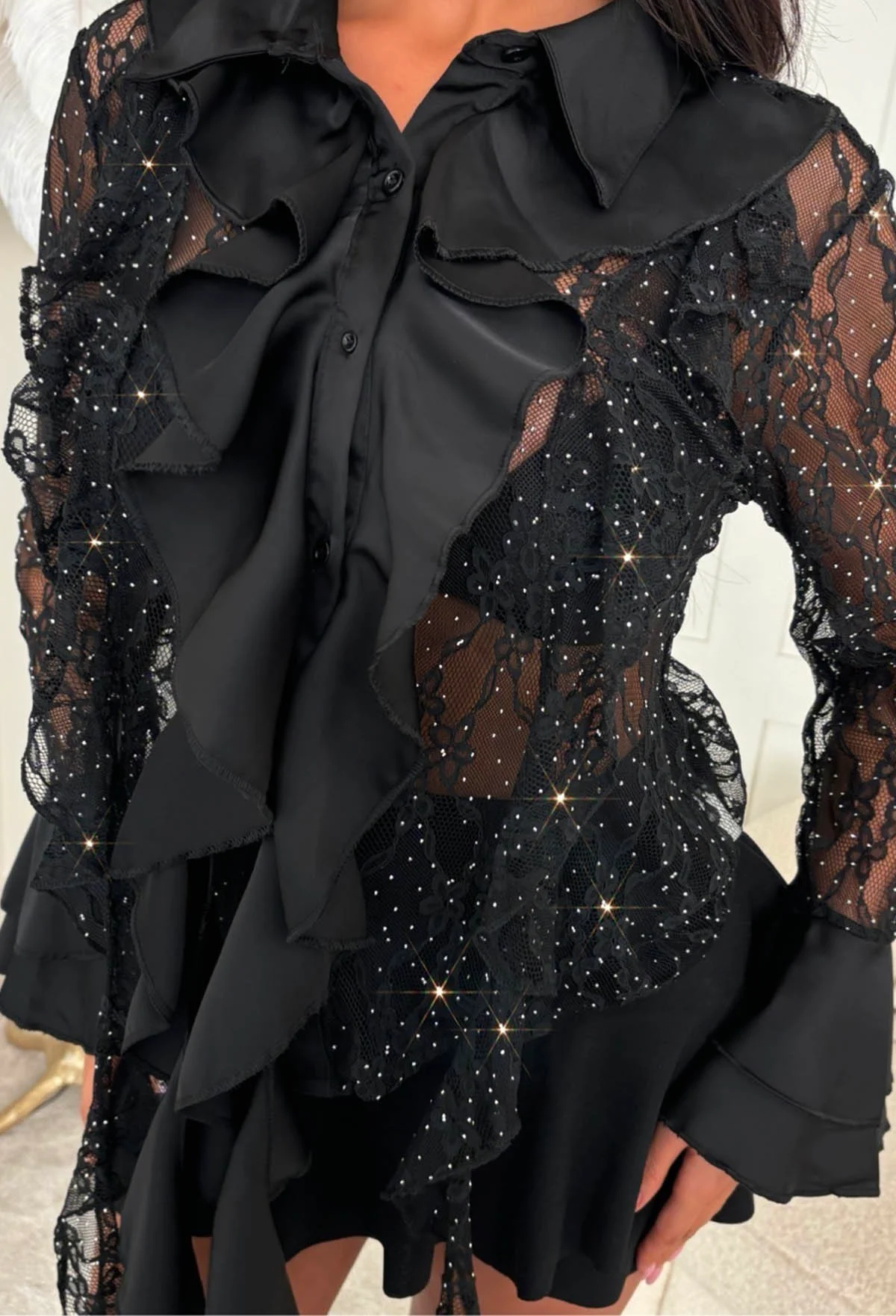 Sheer Statement Black Lace Frill Shirt - Image 2