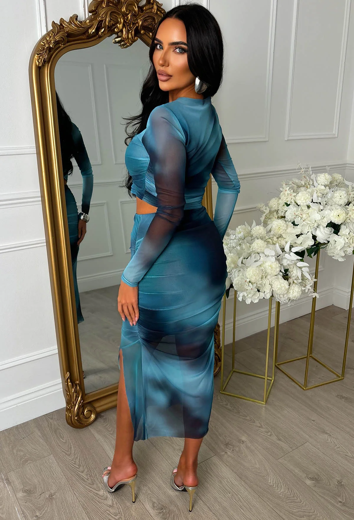 She's A Masterpiece Blue Marble Print Mesh Skirt Co-Ord Set - Image 2