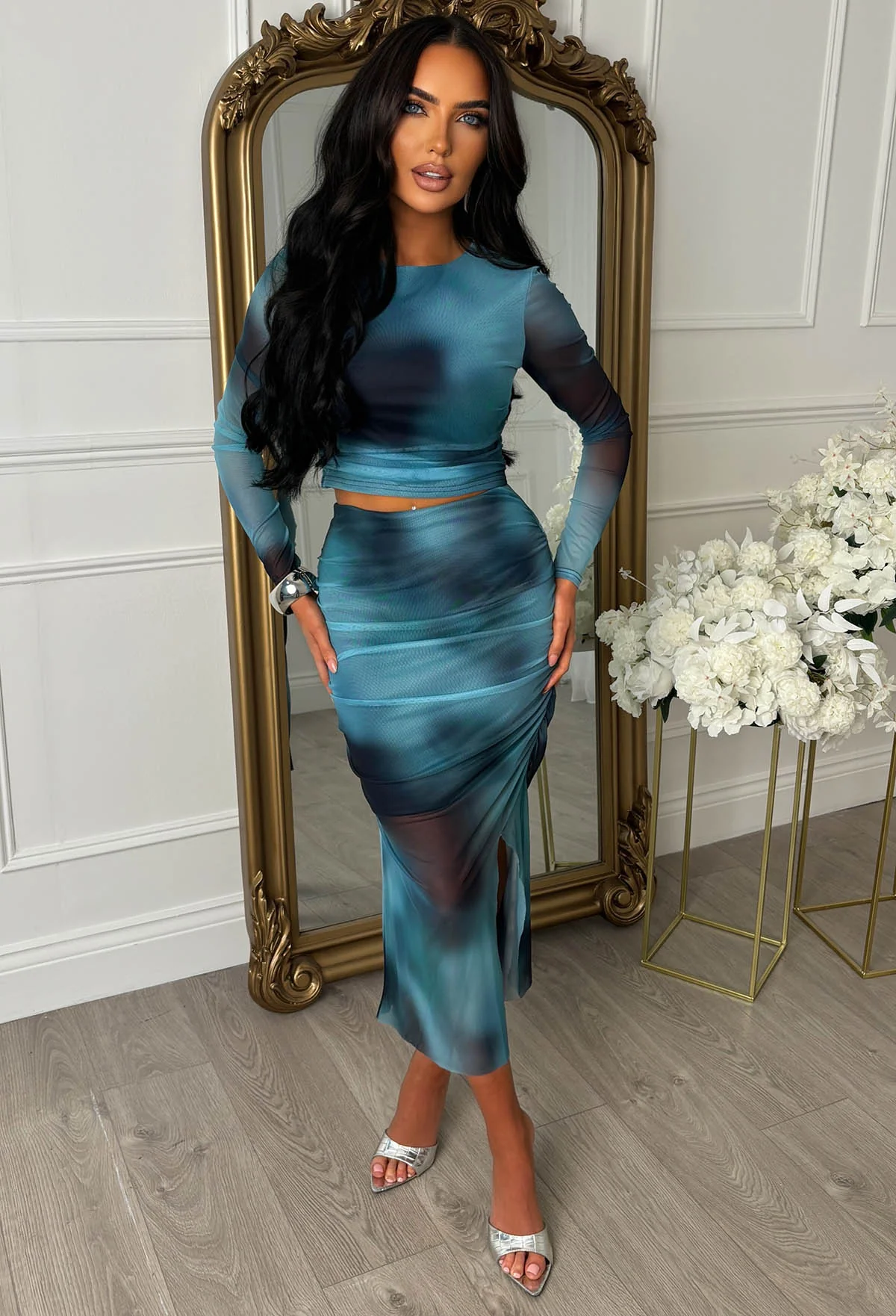 She's A Masterpiece Blue Marble Print Mesh Skirt Co-Ord Set - Image 3