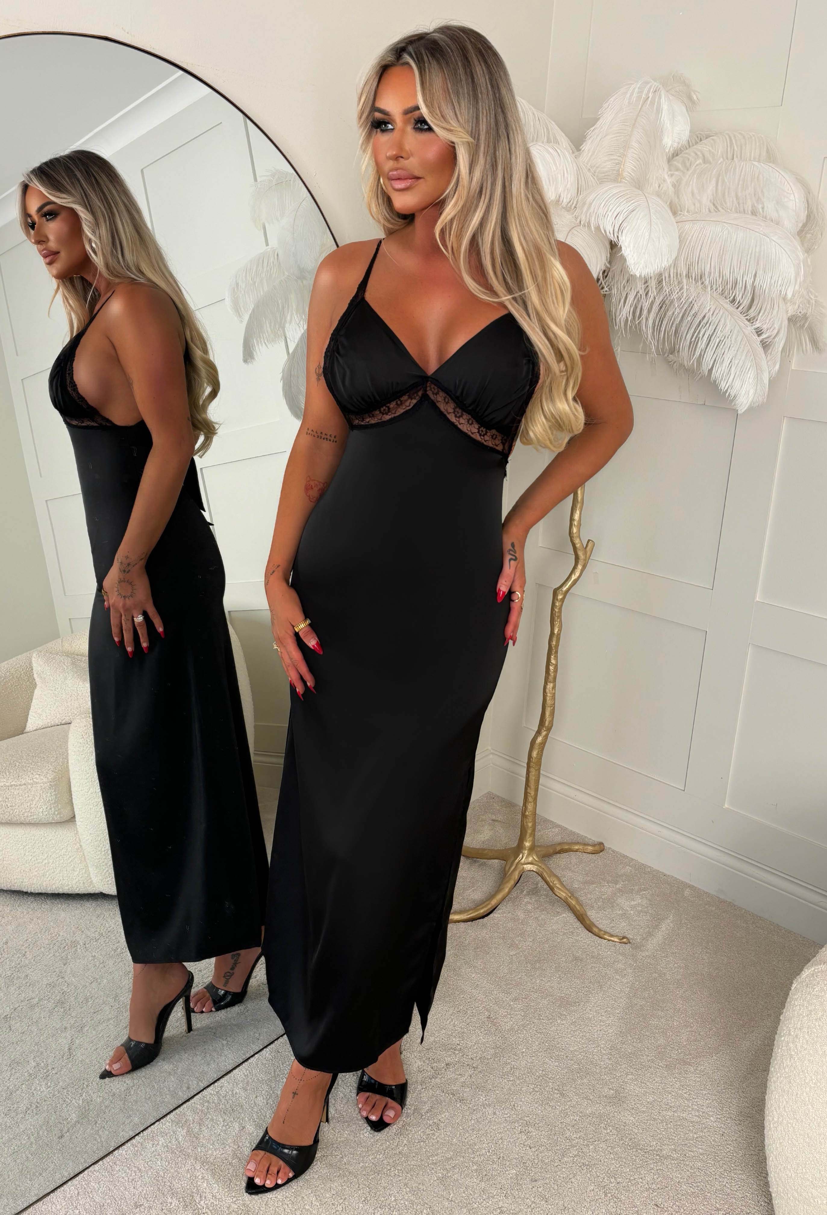 She's A Showstopper Black Satin Lace Maxi Cami Dress - Image 5