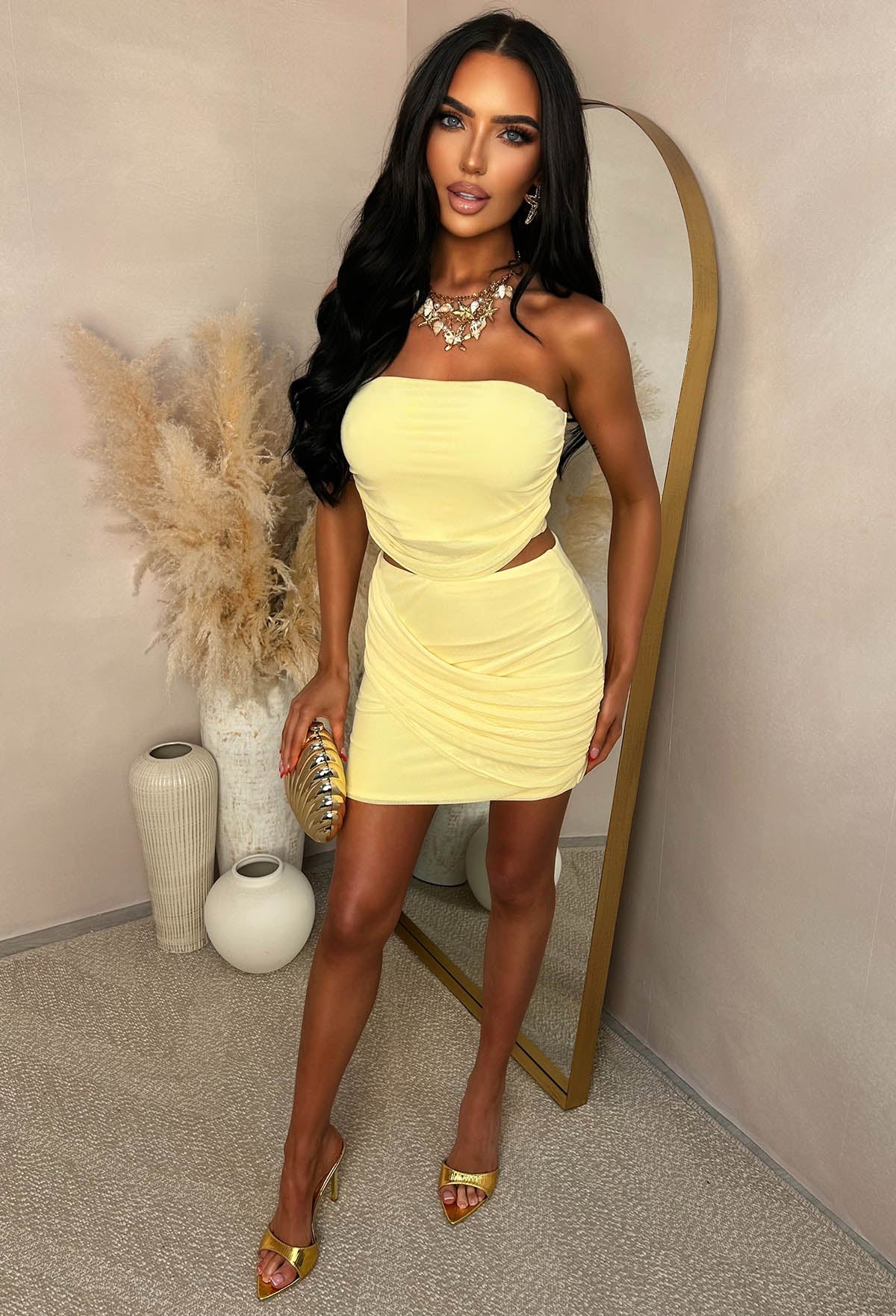She's All That Lemon Draped Mesh Top & Mini Skirt Co-Ord Set - Image 2