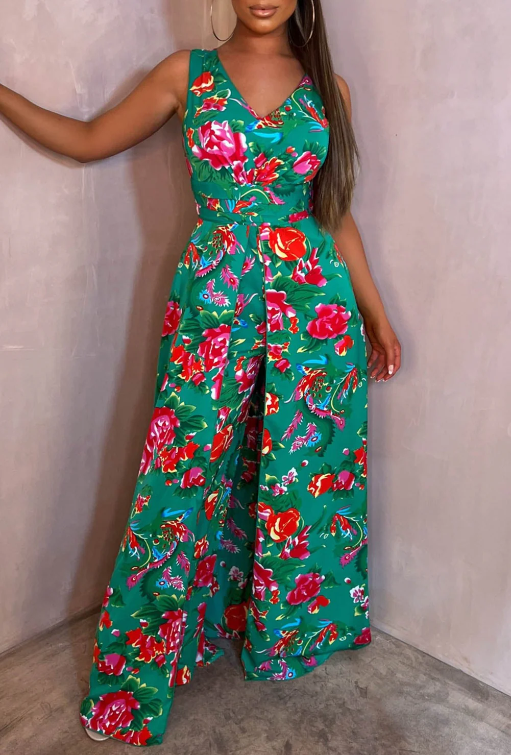 She's So Fancy Multi Rose Print Ruched Waist Over Skirt Jumpsuit - Image 3