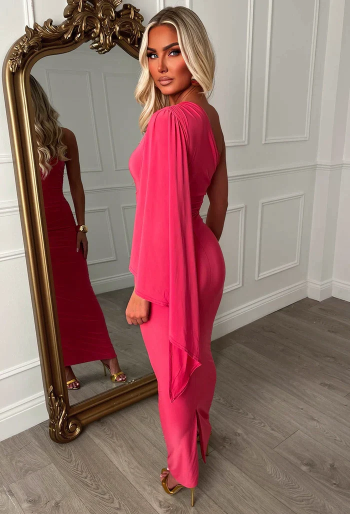 She's Sublime Pink One Shoulder Drape Sleeve Maxi Dress - Image 4