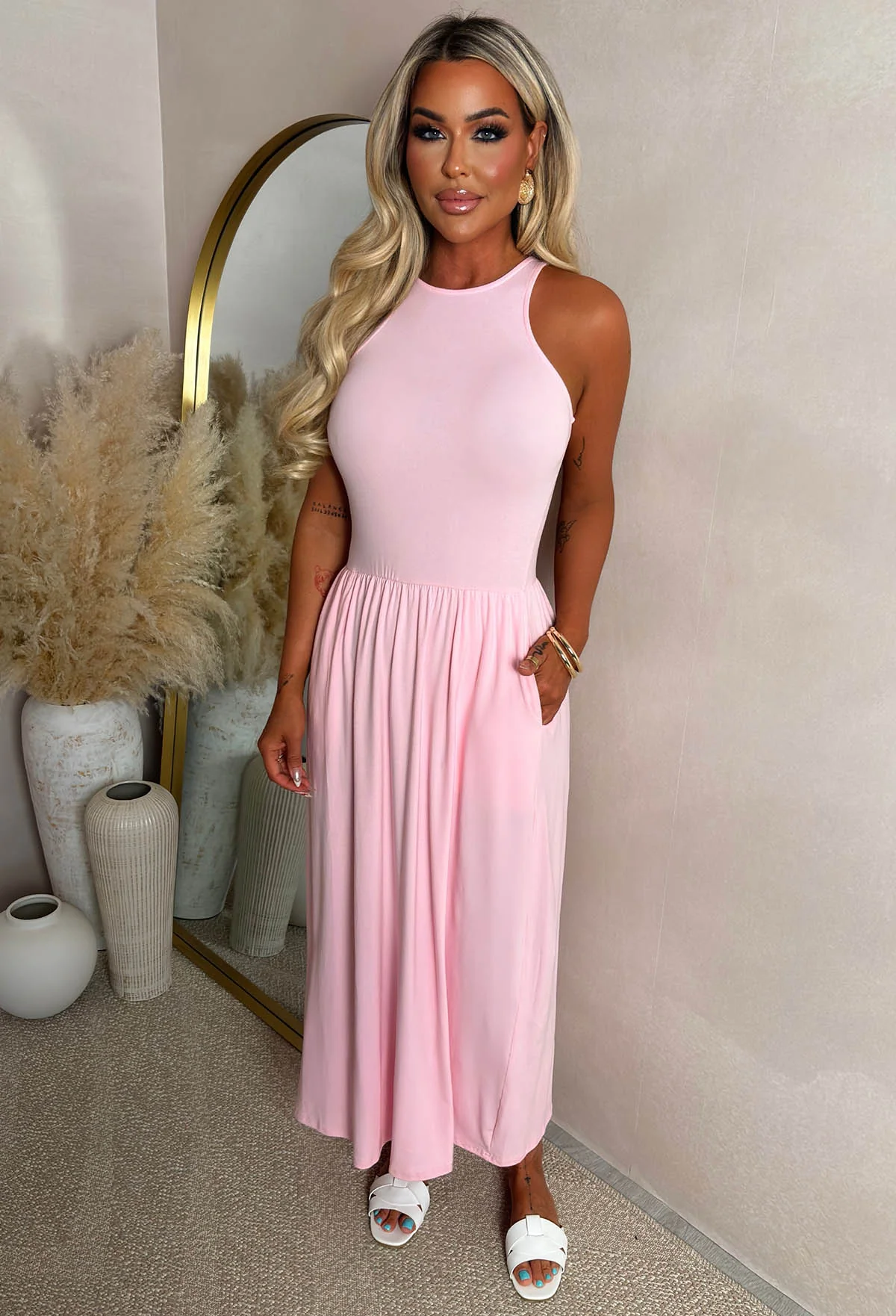 She's The Coolest Pink Gathered Skirt Midaxi Dress - Image 2