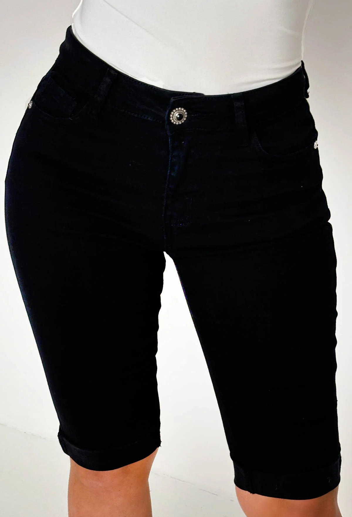 She's Untouchable Black Stretch Pedal Pusher Denim Turn Up Capri Jeans - Image 2