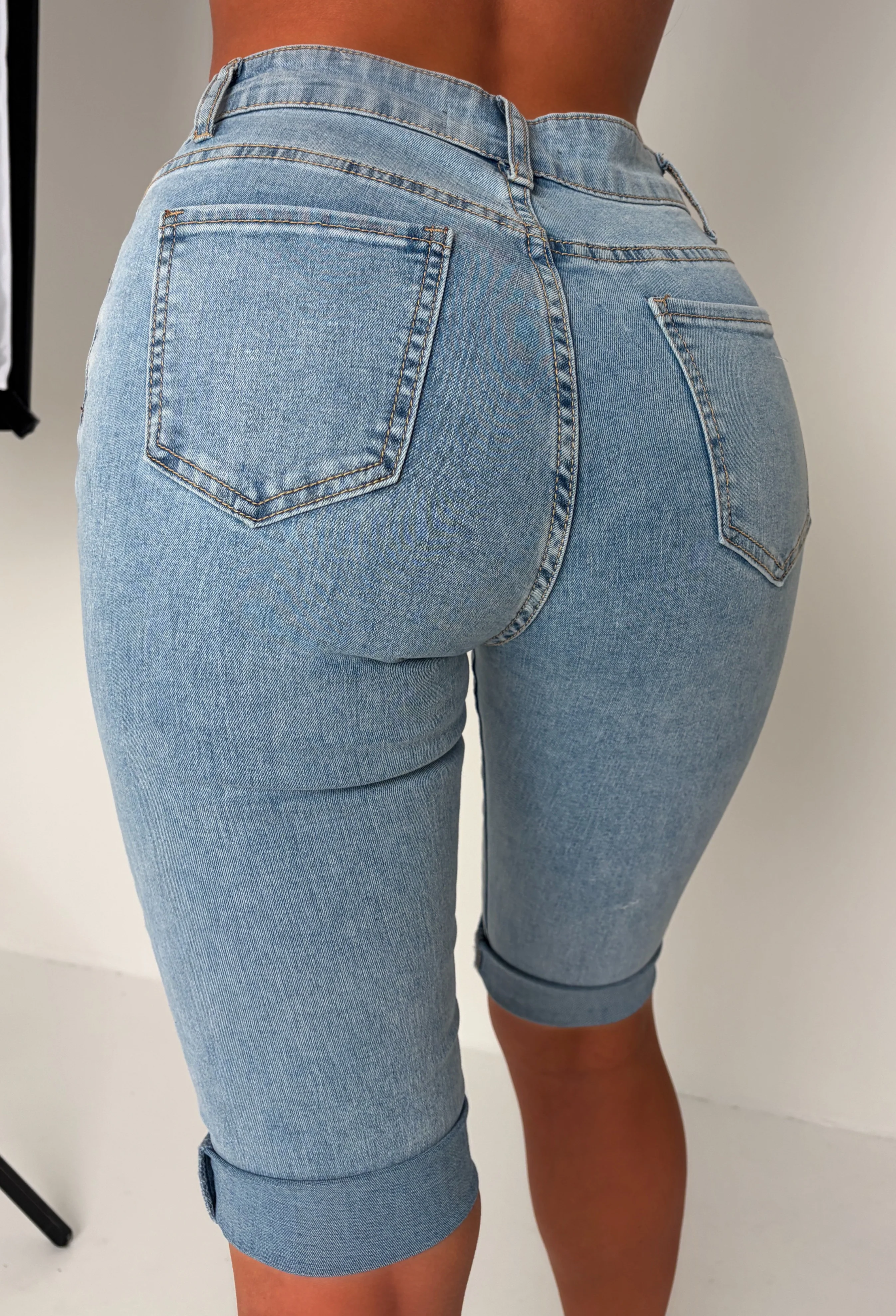 She's Untouchable Light Wash Stretch Pedal Pusher Turn Up Capri Jeans - Image 3