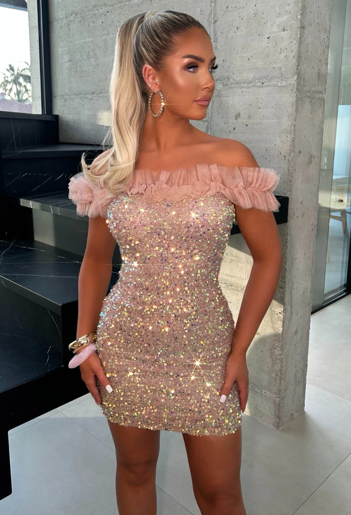 Shimmer Season Mauve Sequin Ruffle Detail Mini Dress