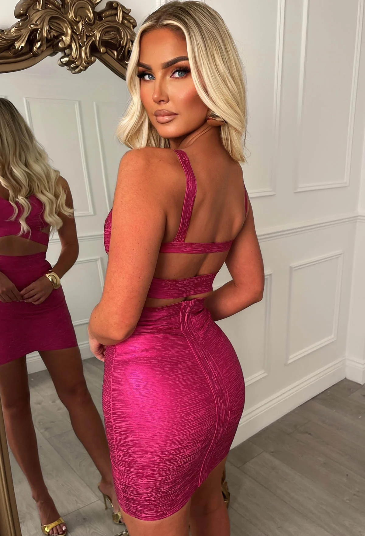 Shimmering Couture Hot Pink Metallic Bandage Top & Skirt Co-ord Set - Image 2