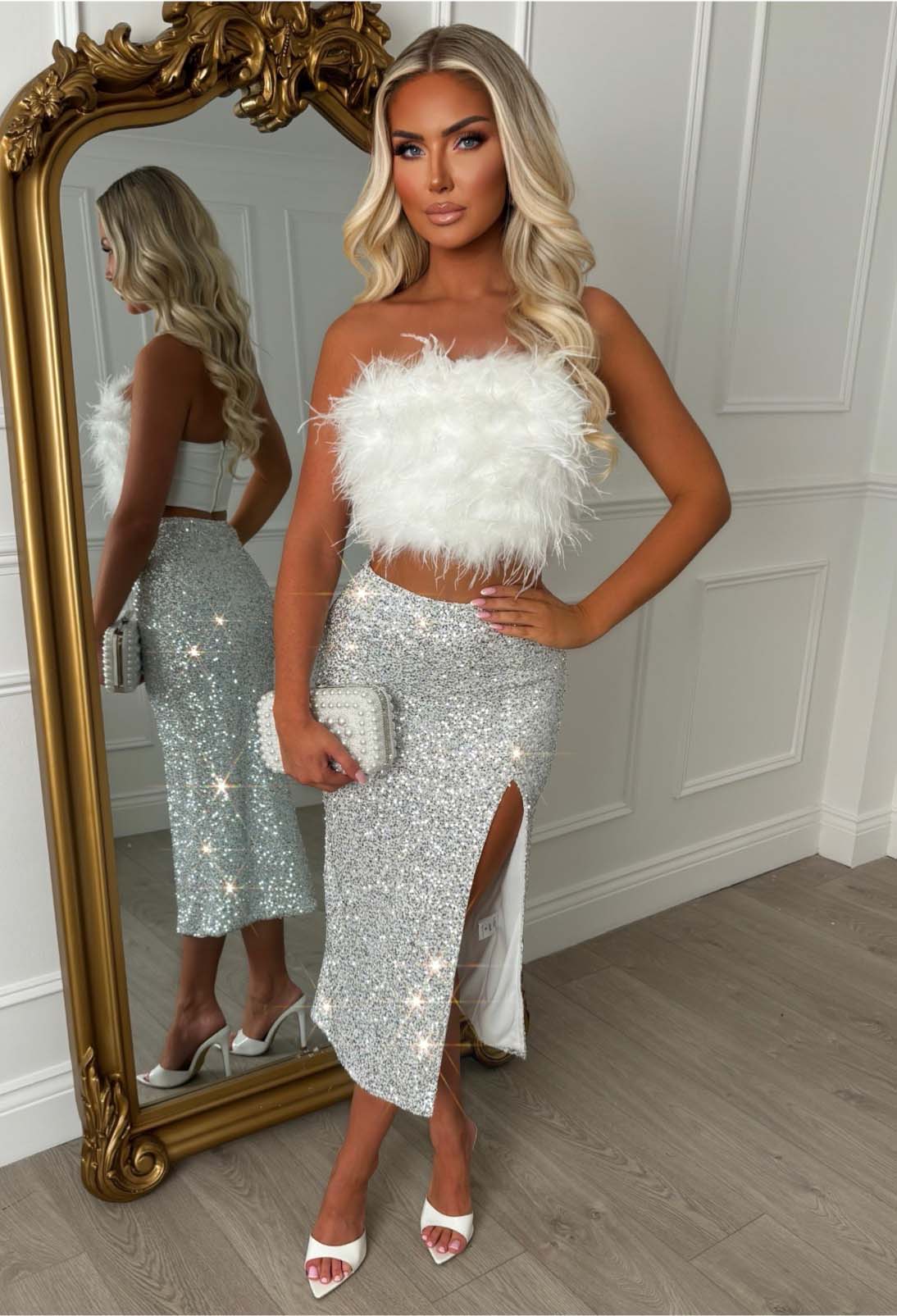 Shimmering With You White Sequin Leg Split Midaxi Skirt - Image 3