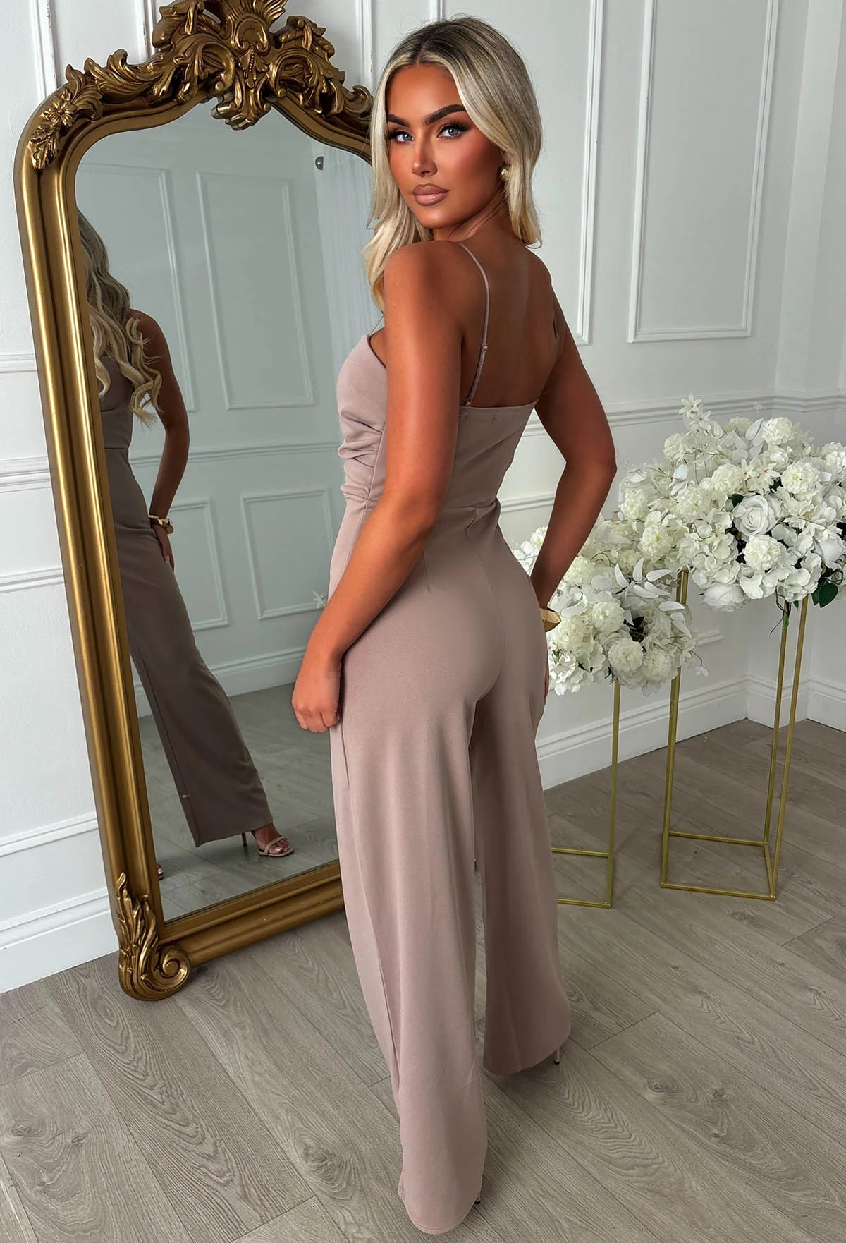 Show Some Grace Taupe Notch Neck Ruched Jumpsuit - Image 2