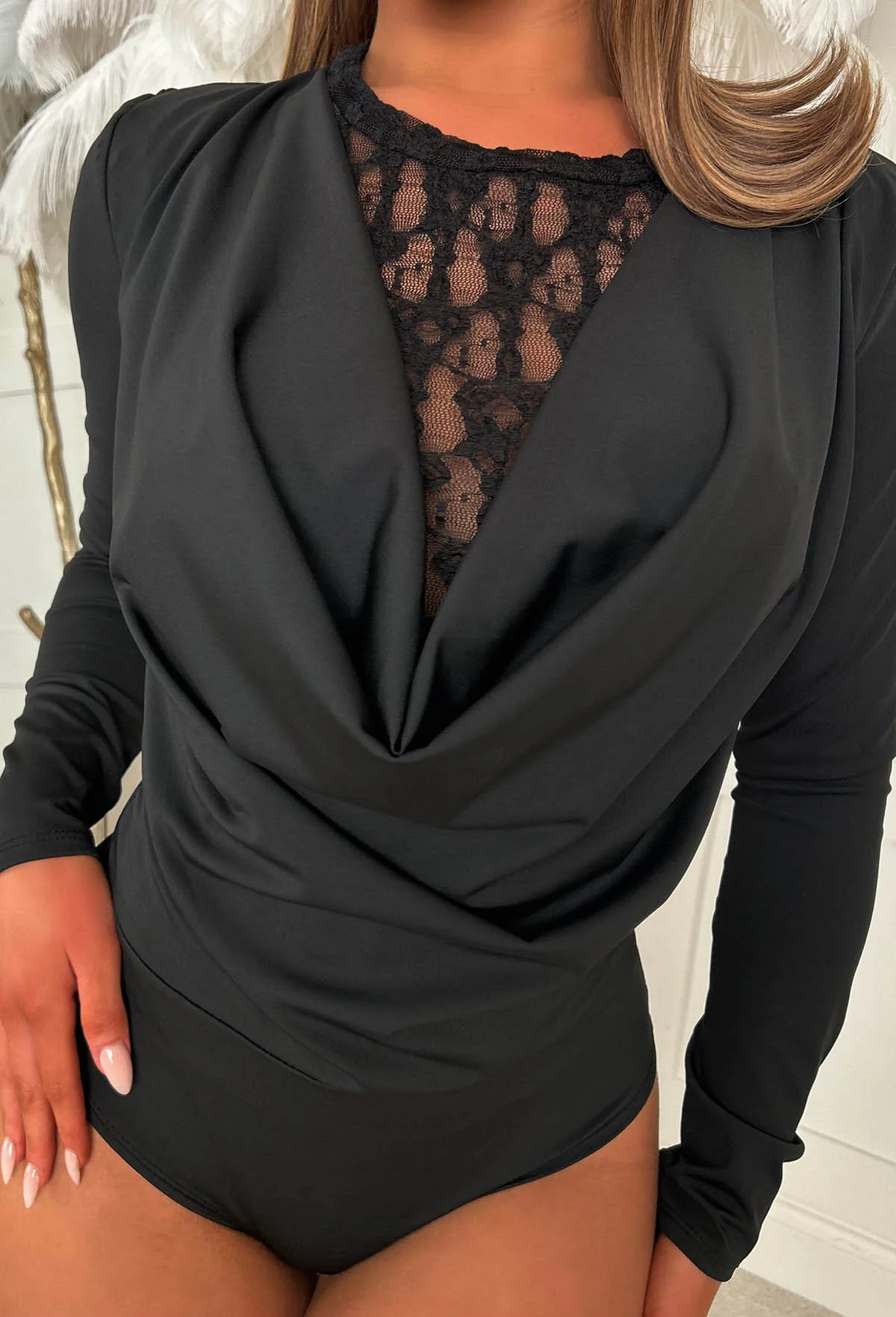 Sinfully Yours Black Cowl Neck Lace Bodysuit - Image 2