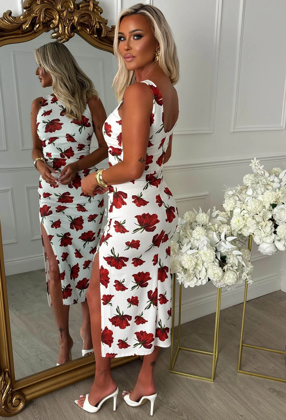 Slay Era Red Floral Side Split Slash Neck Floral Dress - Image 2