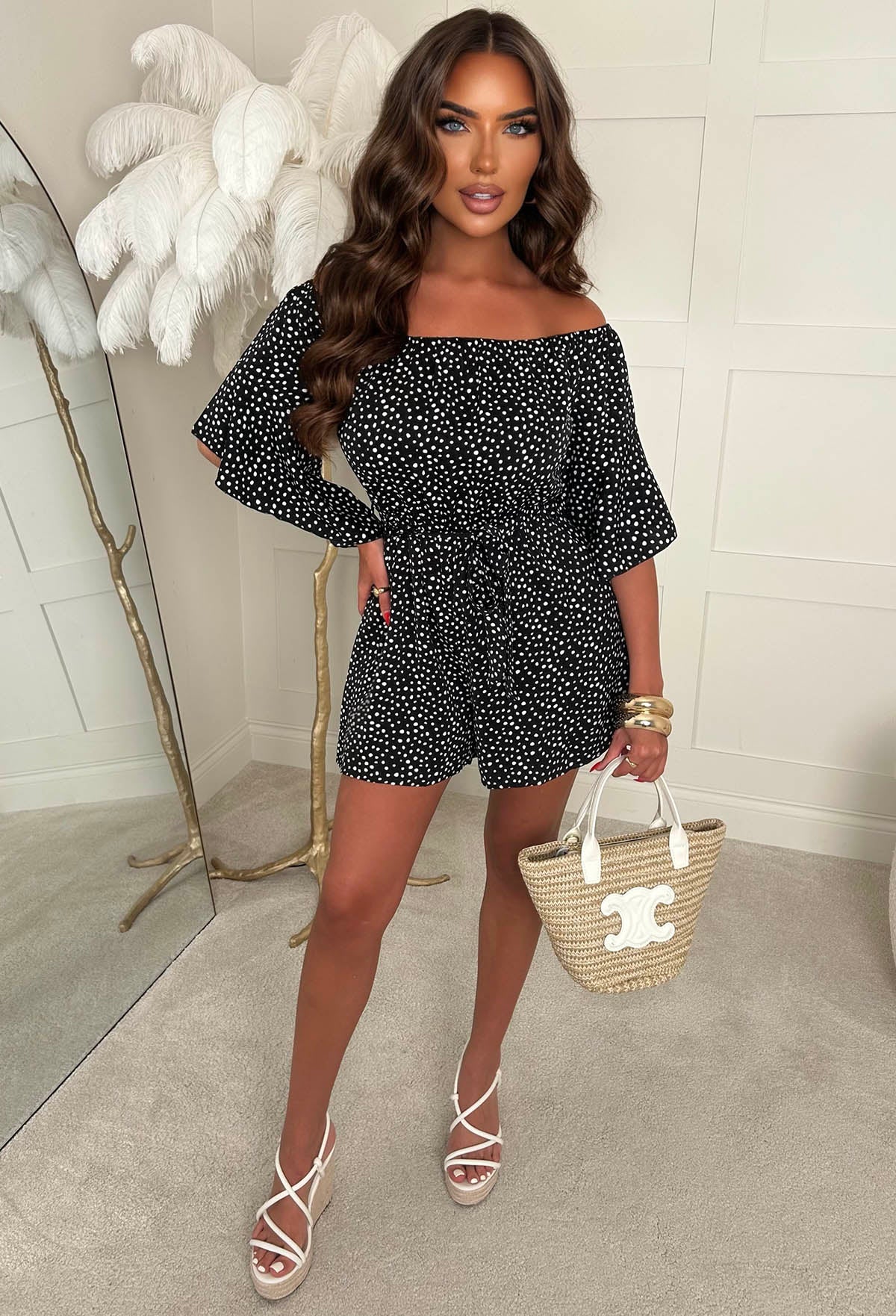 Slaycation Mode Black Polka Dot Bardot Playsuit - Image 2