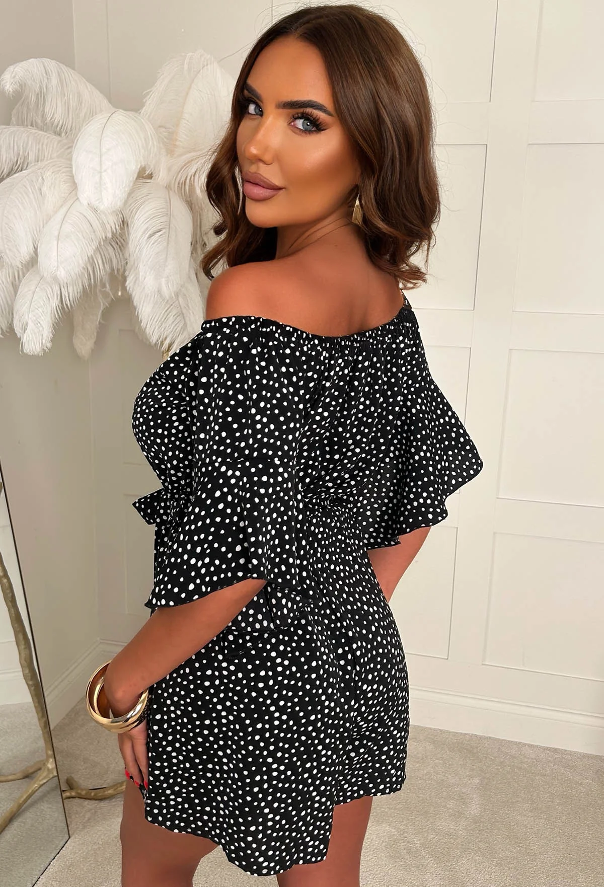 Slaycation Mode Black Polka Dot Bardot Playsuit - Image 3