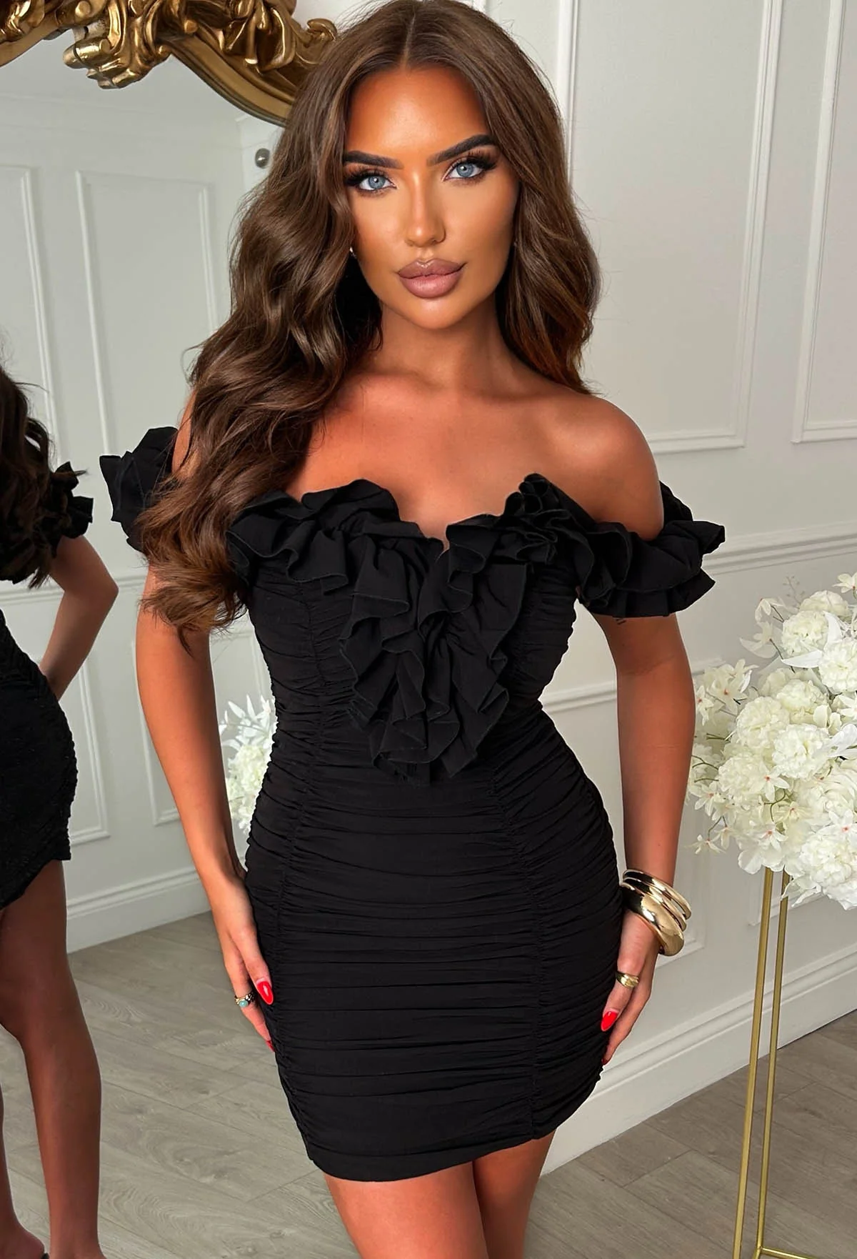Slaycation Sweetie Black Ruffle Detail Mini Dress - Image 2