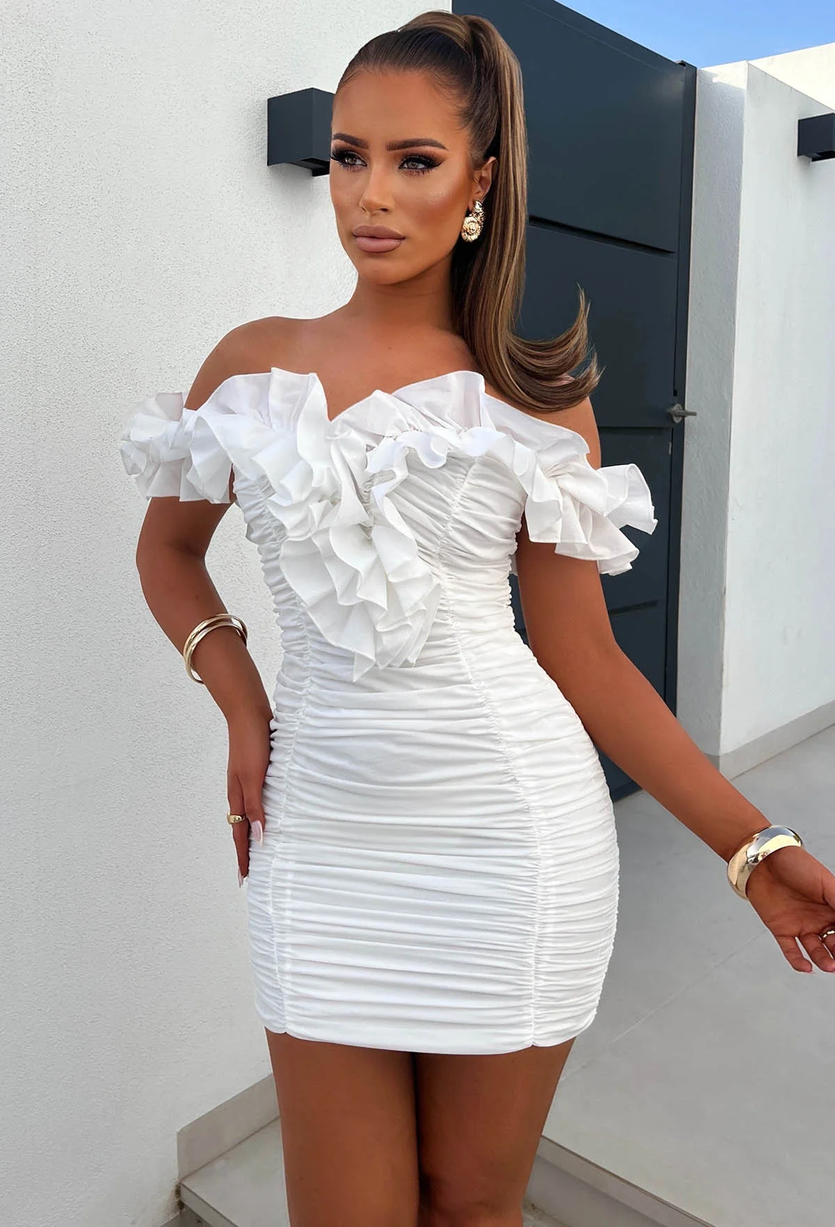 Slaycation Sweetie White Ruffle Detail Mini Dress - Image 4