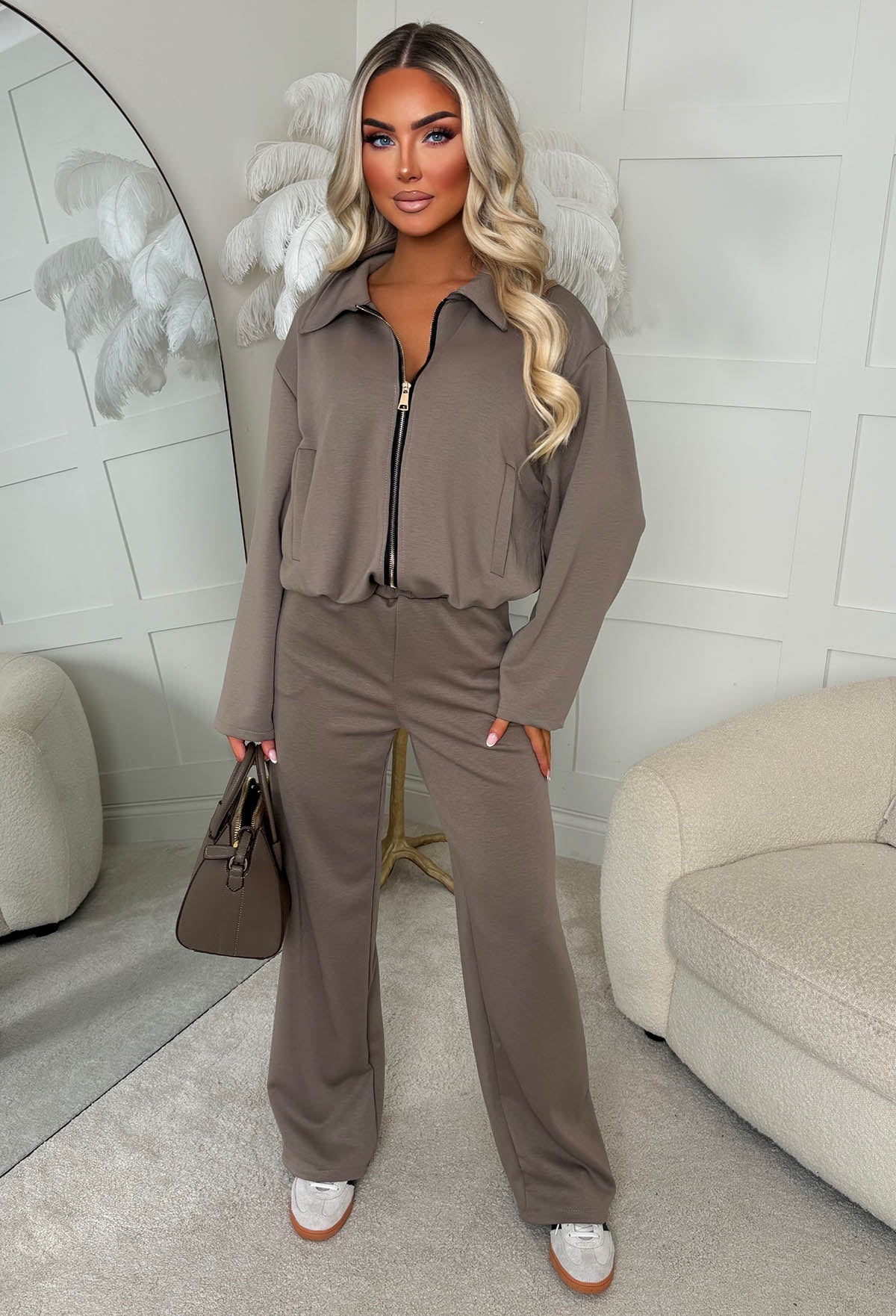 Sleek Snug Taupe Zip Up Lounge Set - Image 2