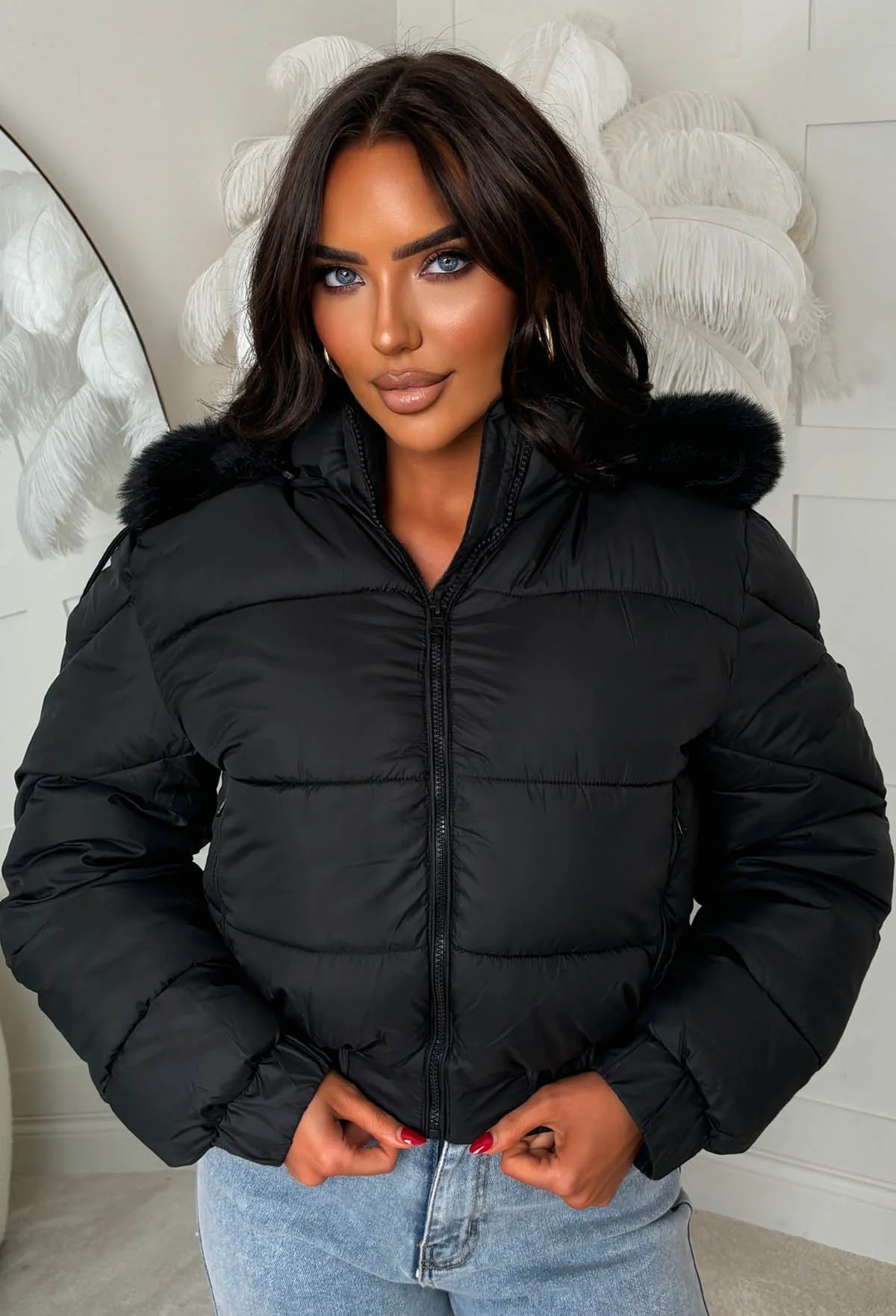 Snug Shadow Black Cropped Faux Fur Lined Padded Coat - Image 5