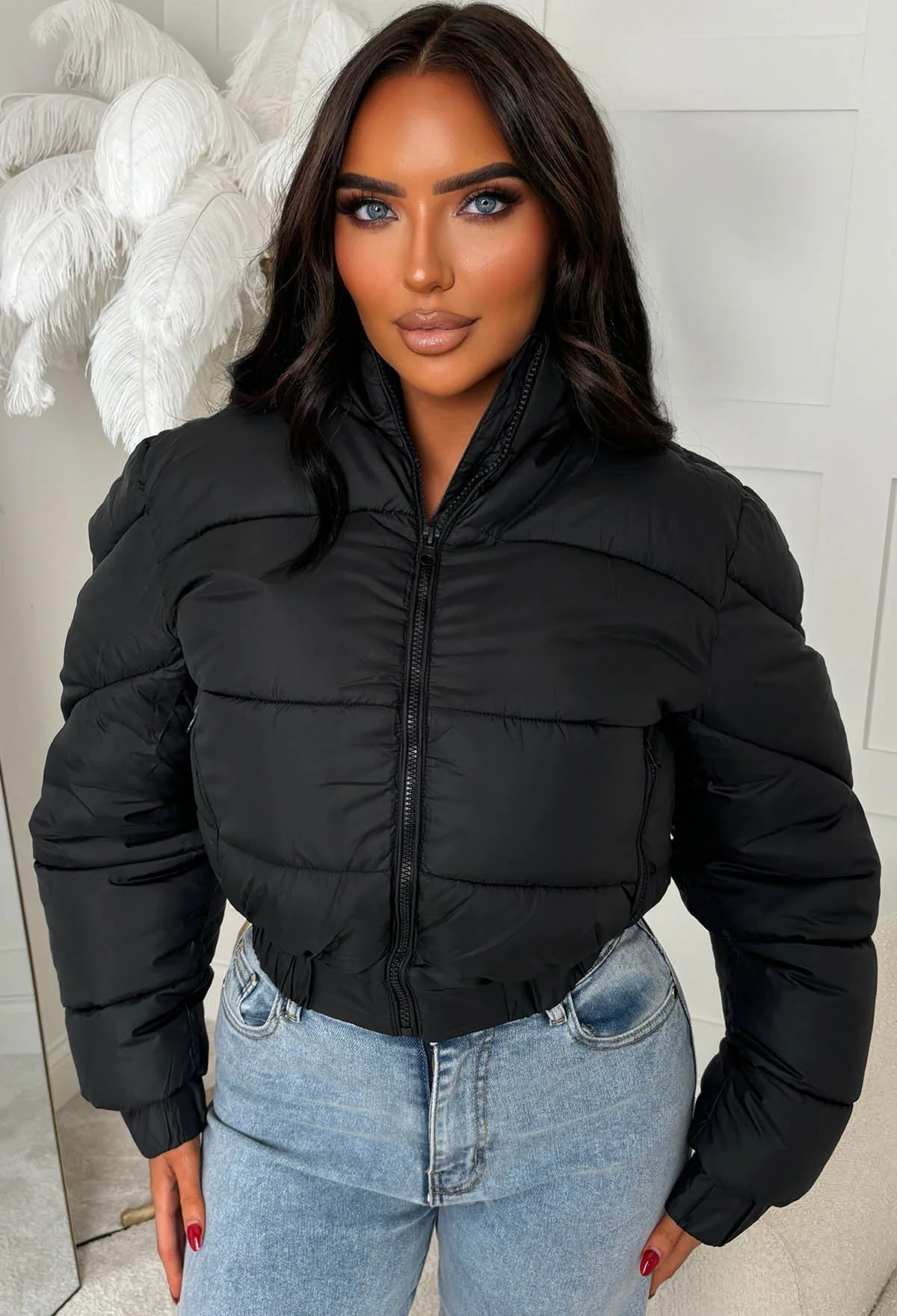 Snug Shadow Black Cropped Faux Fur Lined Padded Coat - Image 7