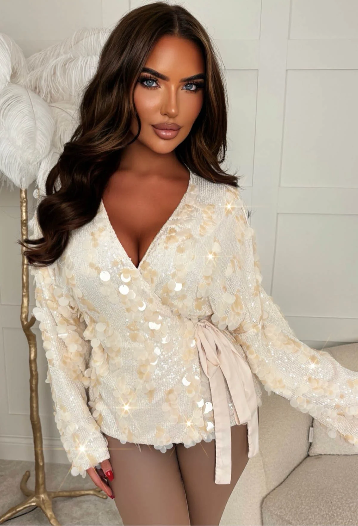 So Iconic Cream Sequin Wrap Tie Top