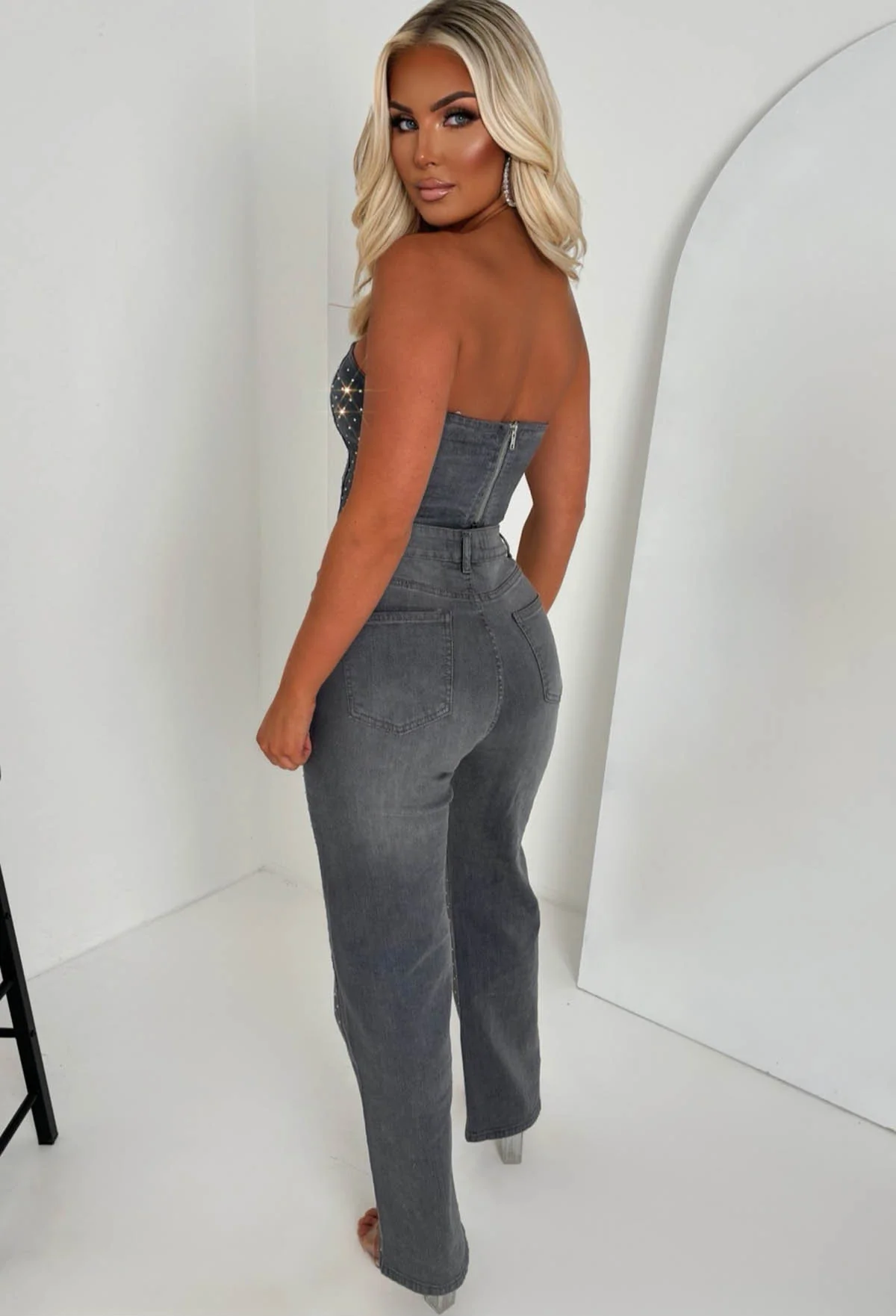 Sparkle Lover Black Stretch Denim Diamante Co-Ord Set - Image 3