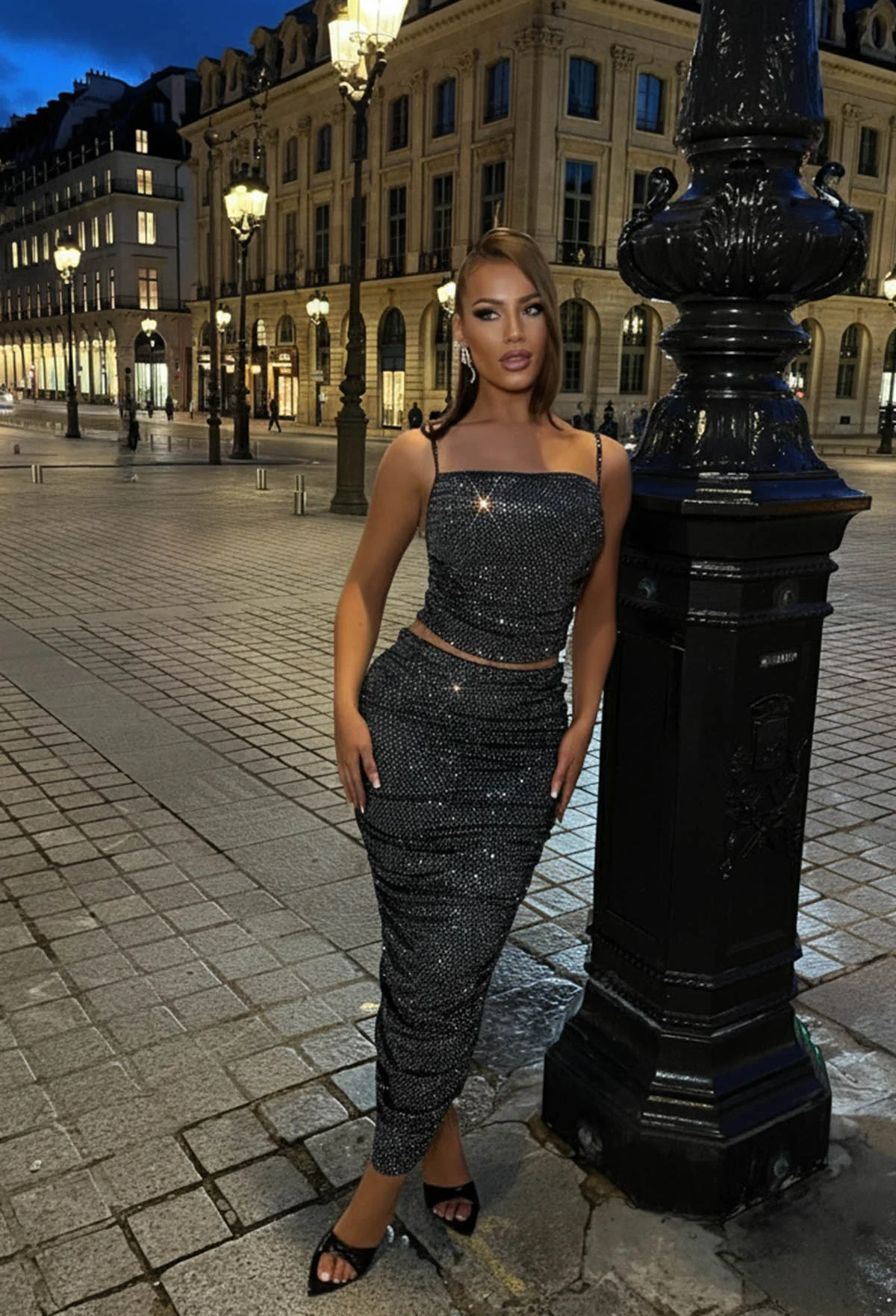 Sparkling Delight Black Sparkle Foil Ruched Midi Skirt Co-ord Set - Image 5