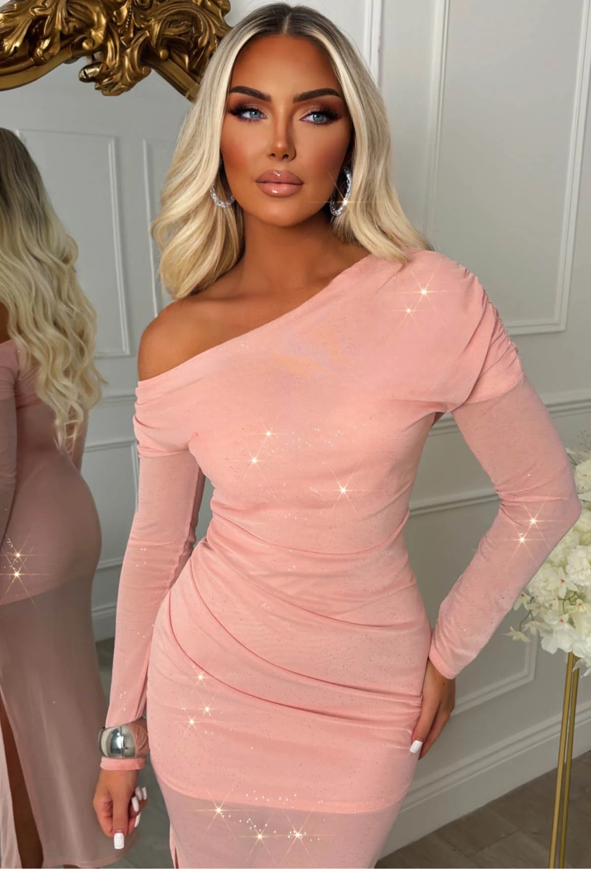 Sparks Fly Pink Off Shoulder Mesh Sparkle Maxi Dress - Image 4