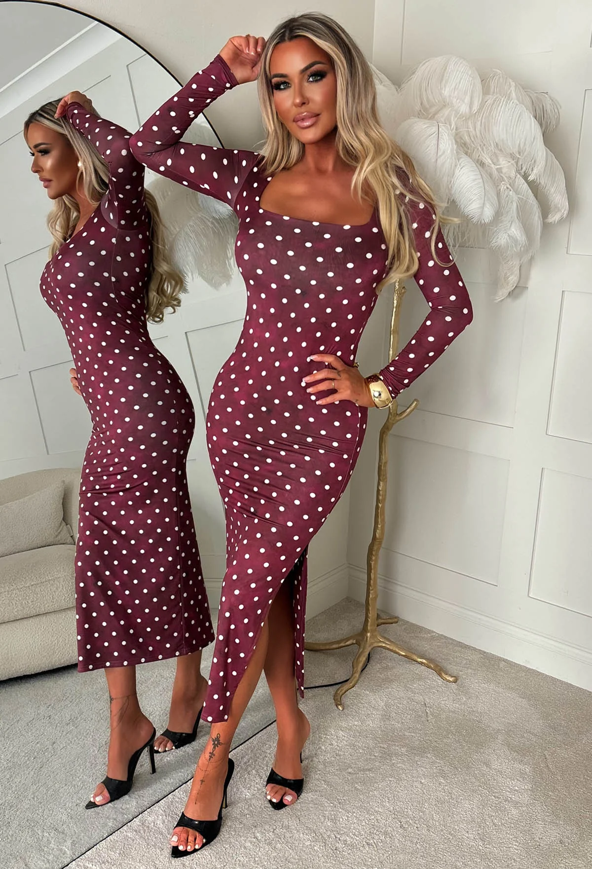 Spotty & Dotty Burgundy Polka Dot Basic Midi Dress - Image 3