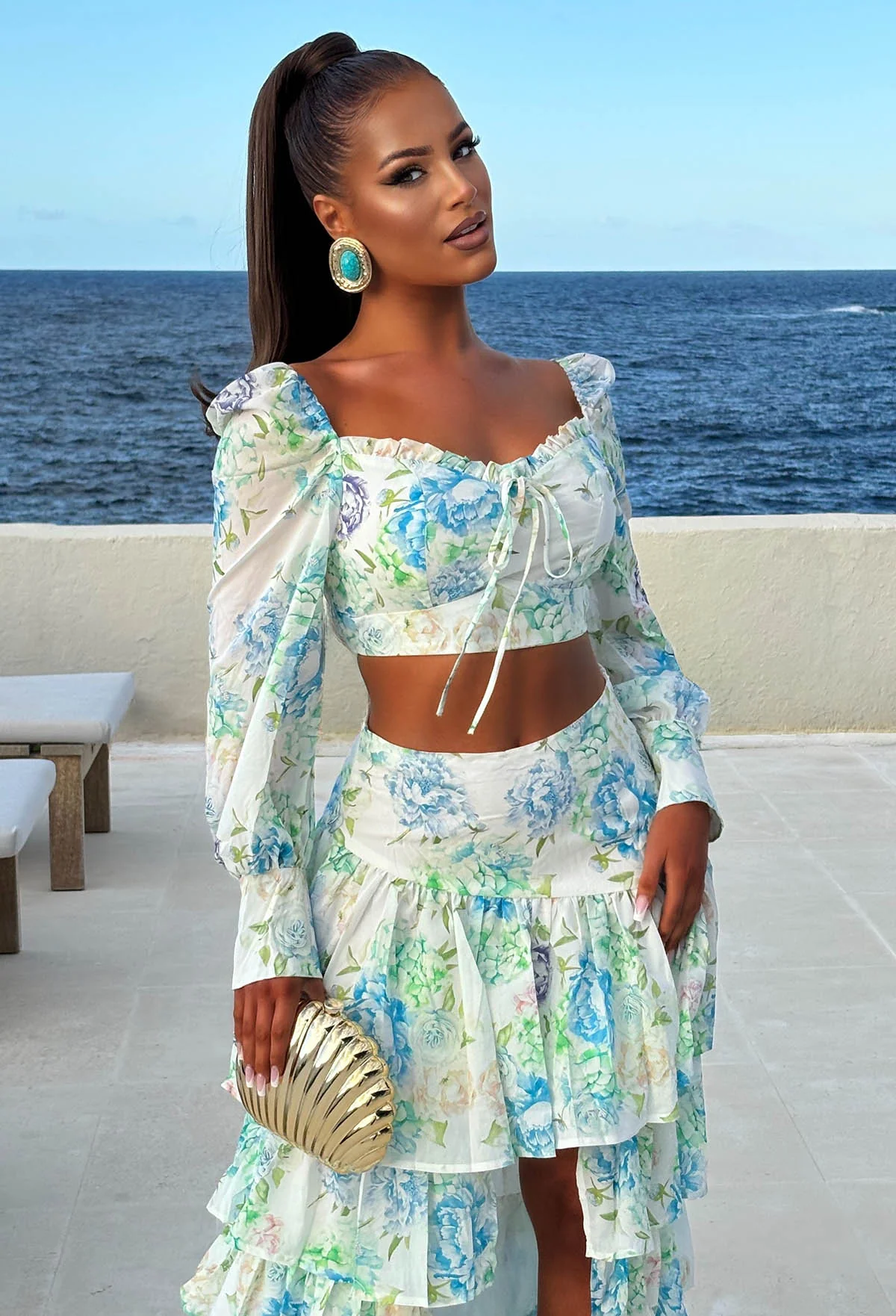 Spring Into Style Blue Floral Print Waterfall Skirt Co-ord Set - Image 2