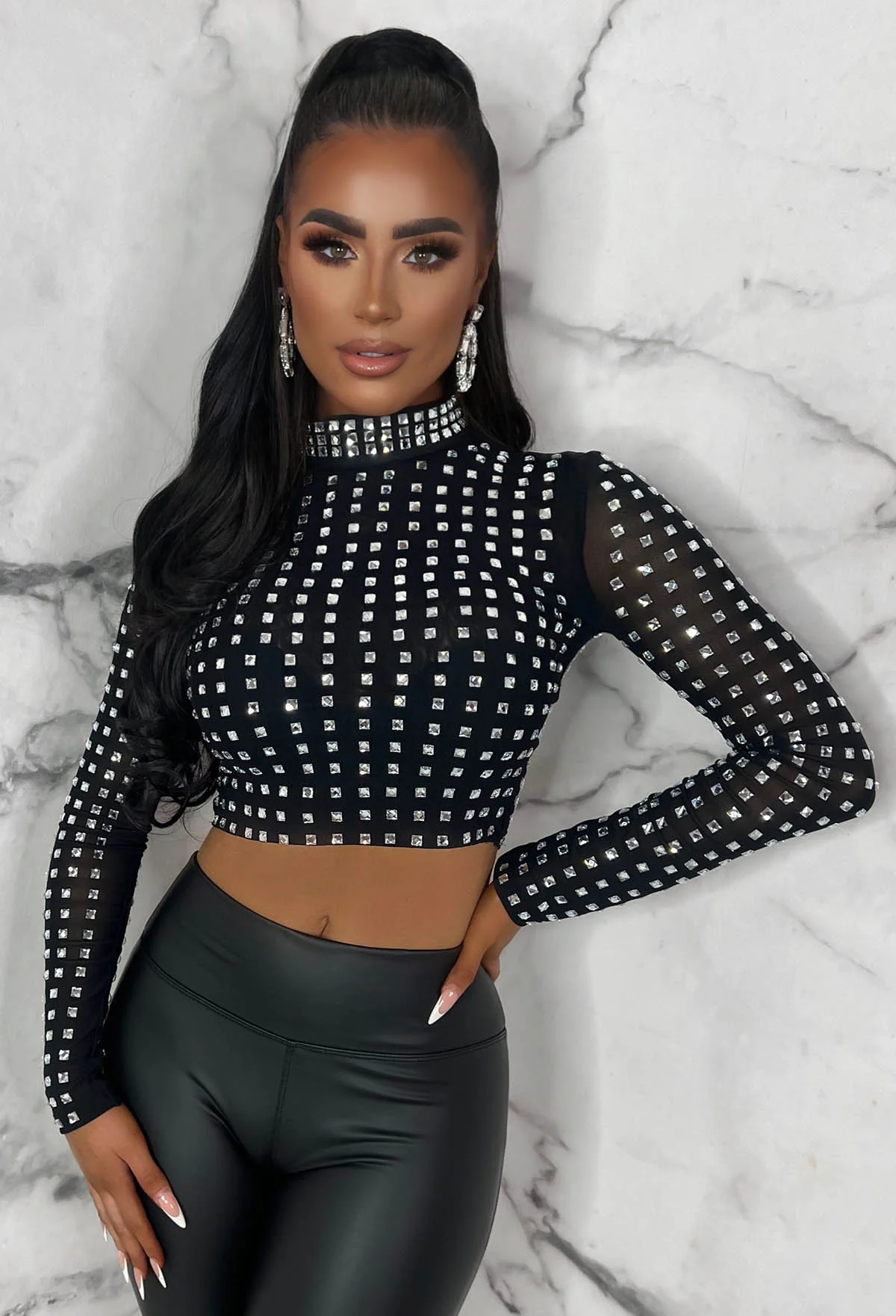 Starlit Black Diamond Gem Sheer Mesh Long Sleeve Top