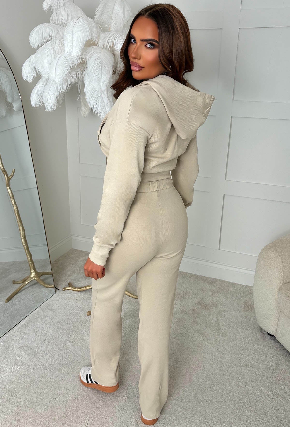 Stay Cool Beige Cropped Zip Hoodie & Trouser Set - Image 2