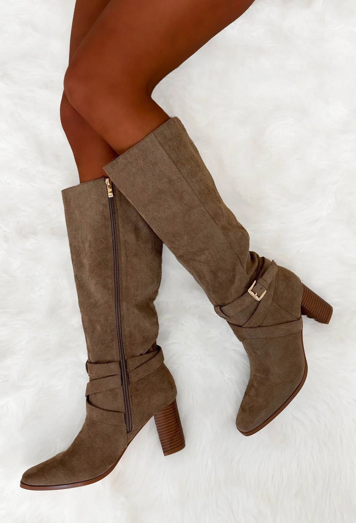 Step Aside Beige Faux Suede Buckled Block Heel Boots - Image 2