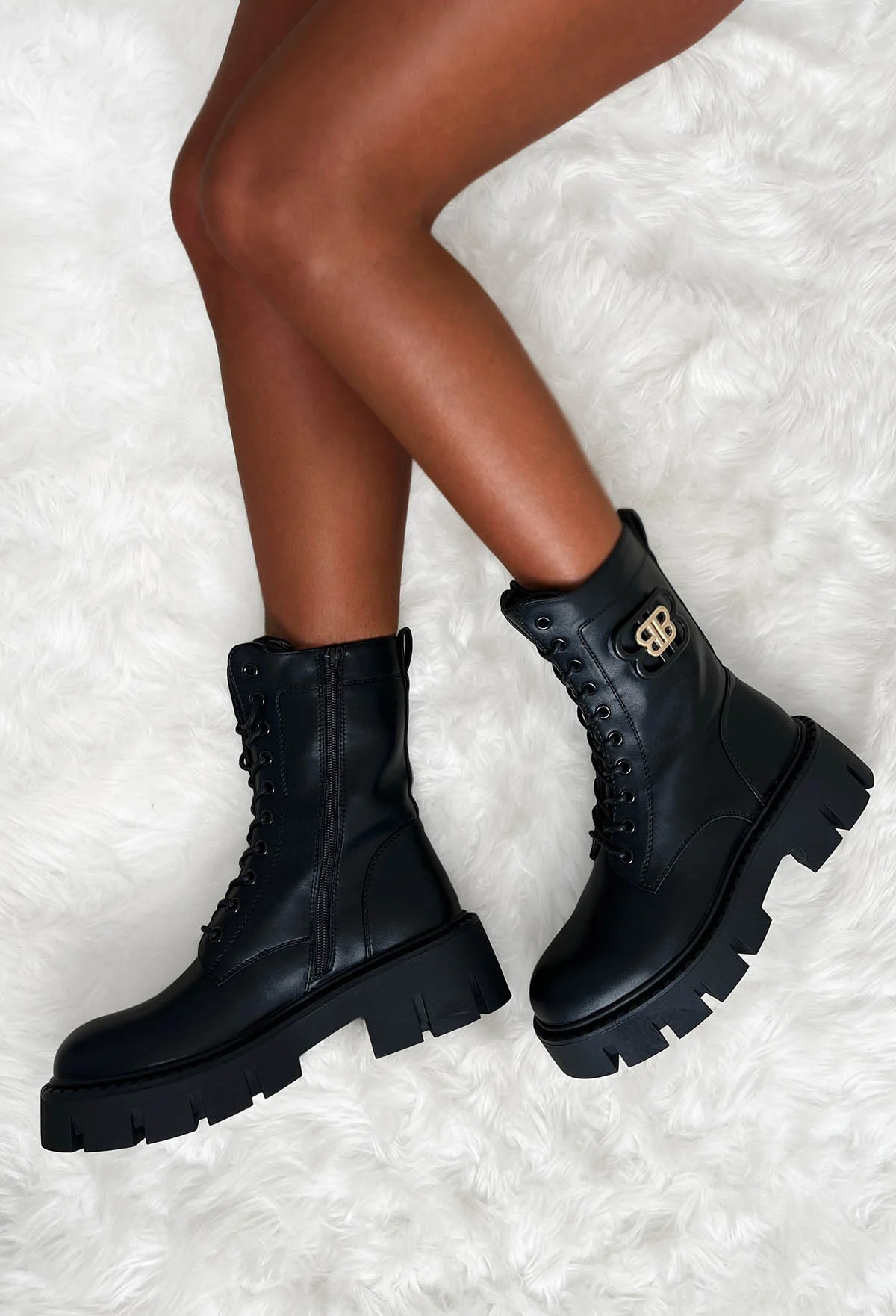 Step In Love Black Faux Leather Large Buckle Lace Up Boots