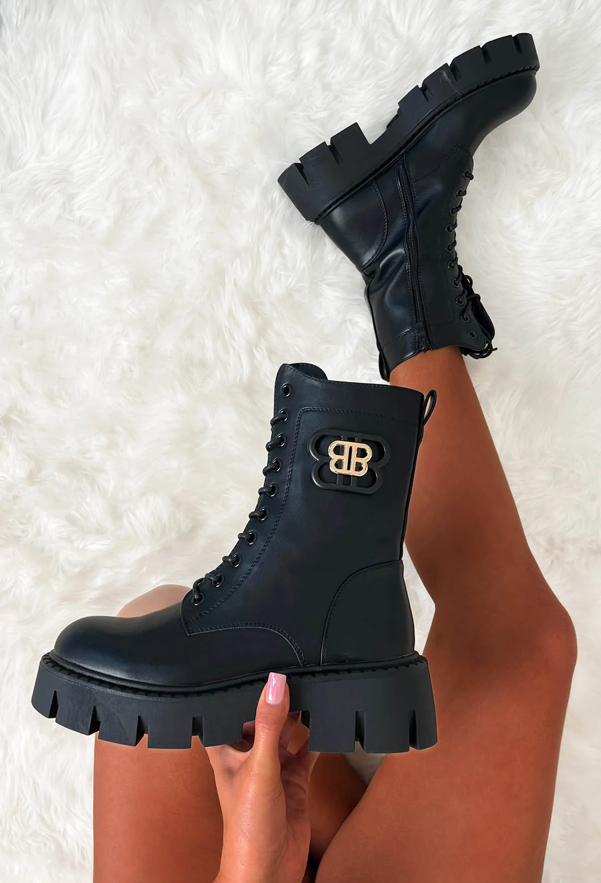 Step In Love Black Faux Leather Large Buckle Lace Up Boots - Image 4