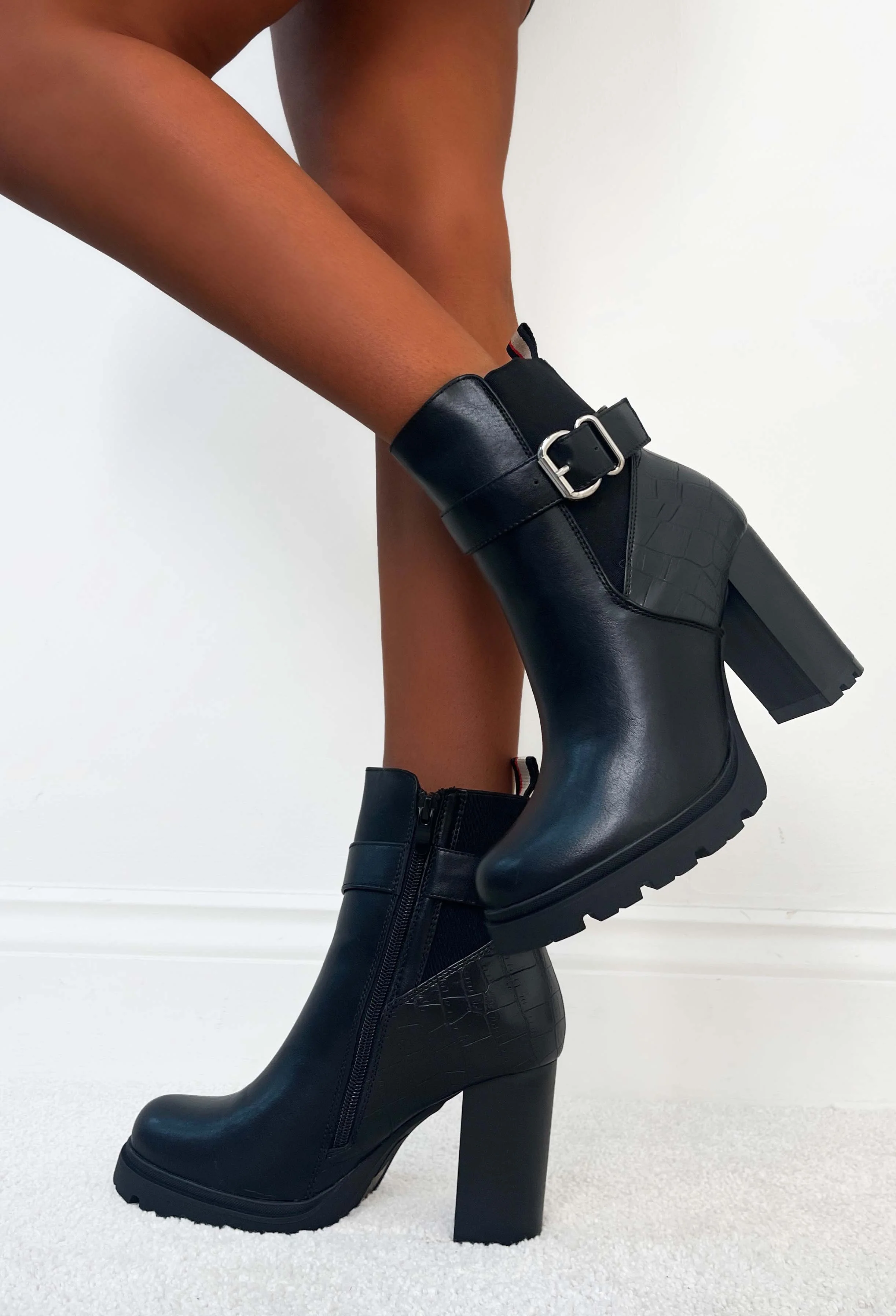 Step In Time Black Faux Croc. Buckle Block Heel Boots - Image 2