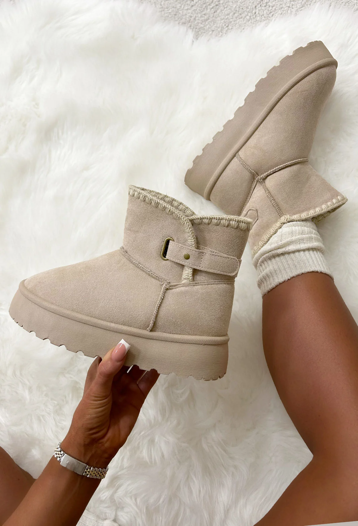 Step On Up Cream Stitch Platform Faux Fur Boots - Image 2