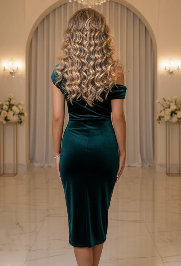 Stunning Sister Green Off The Shoulder Ruched Velvet Midi Dress - Image 2