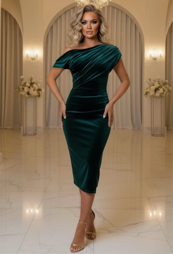 Stunning Sister Green Off The Shoulder Ruched Velvet Midi Dress - Image 3