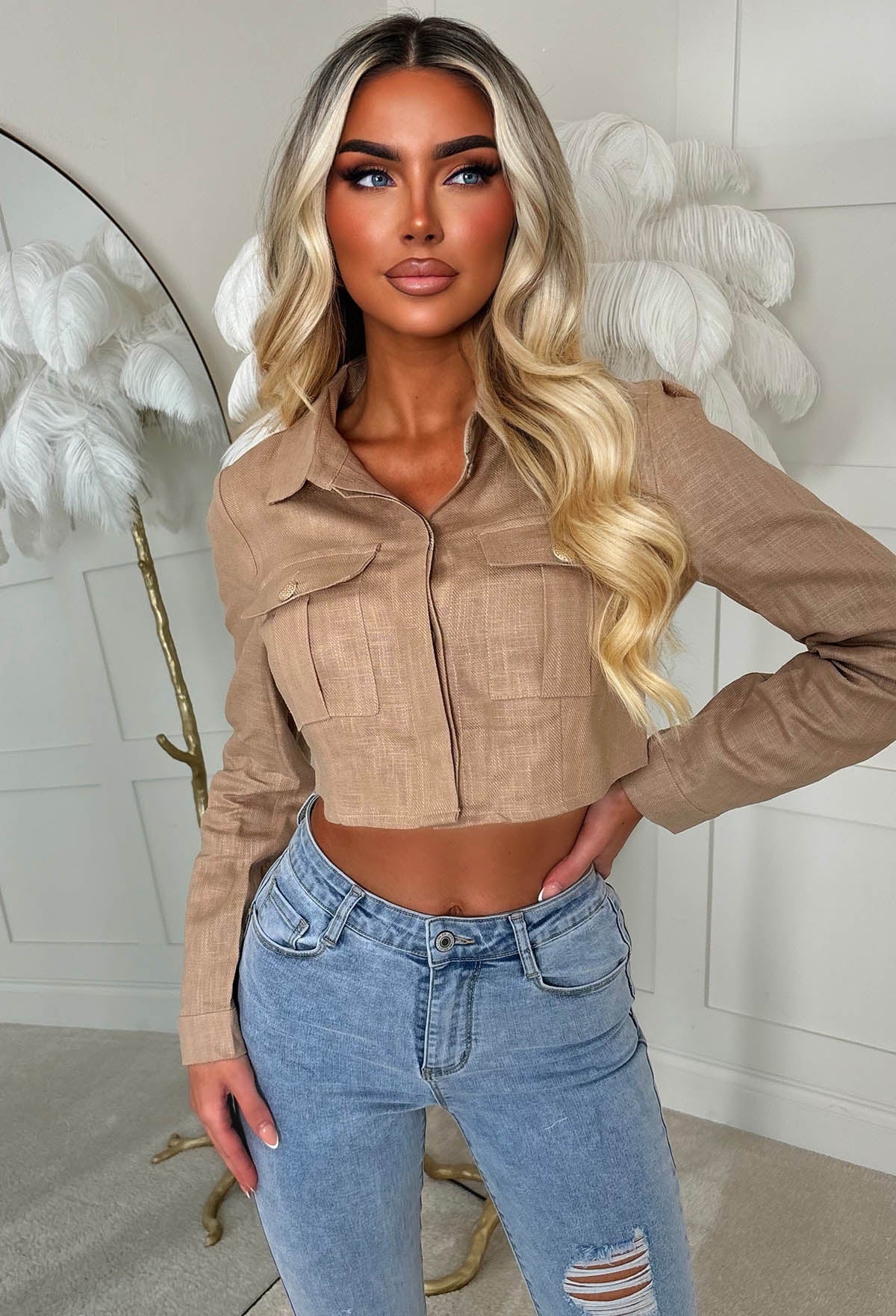 Subtle Stunner Camel Cropped Linen Jacket - Image 3